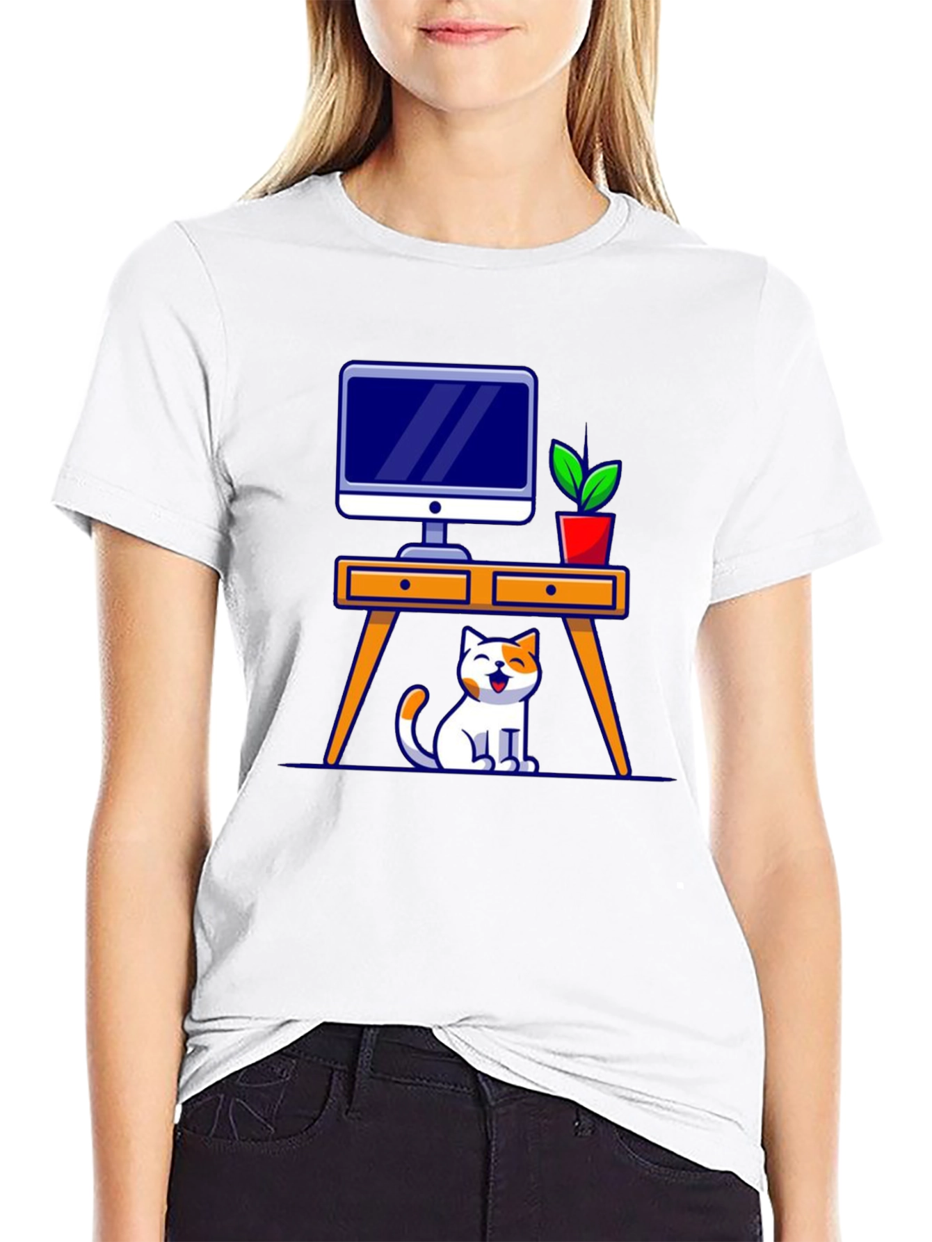 Cat at Desk Graphic T-Shirt