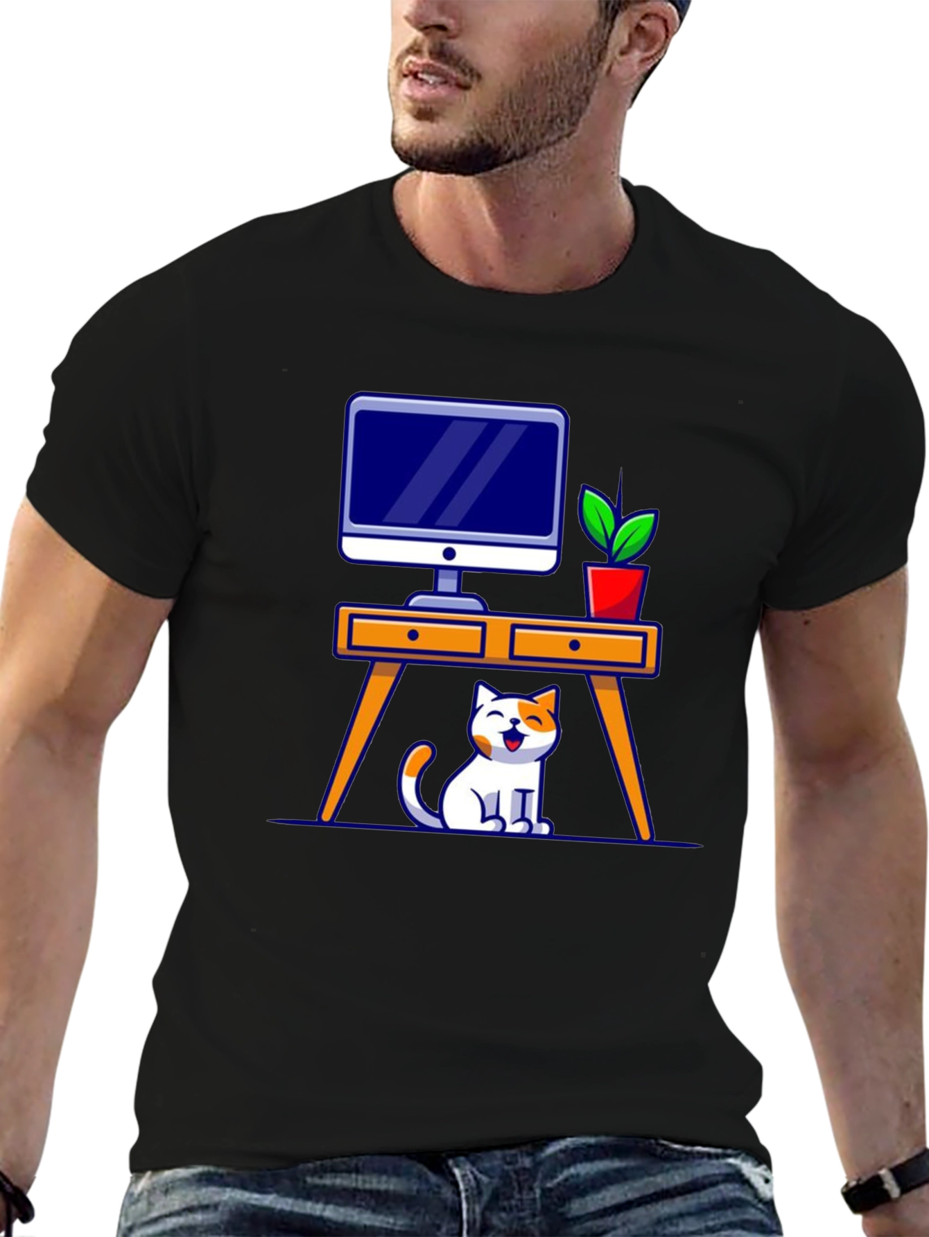 Cat at Desk Graphic T-Shirt