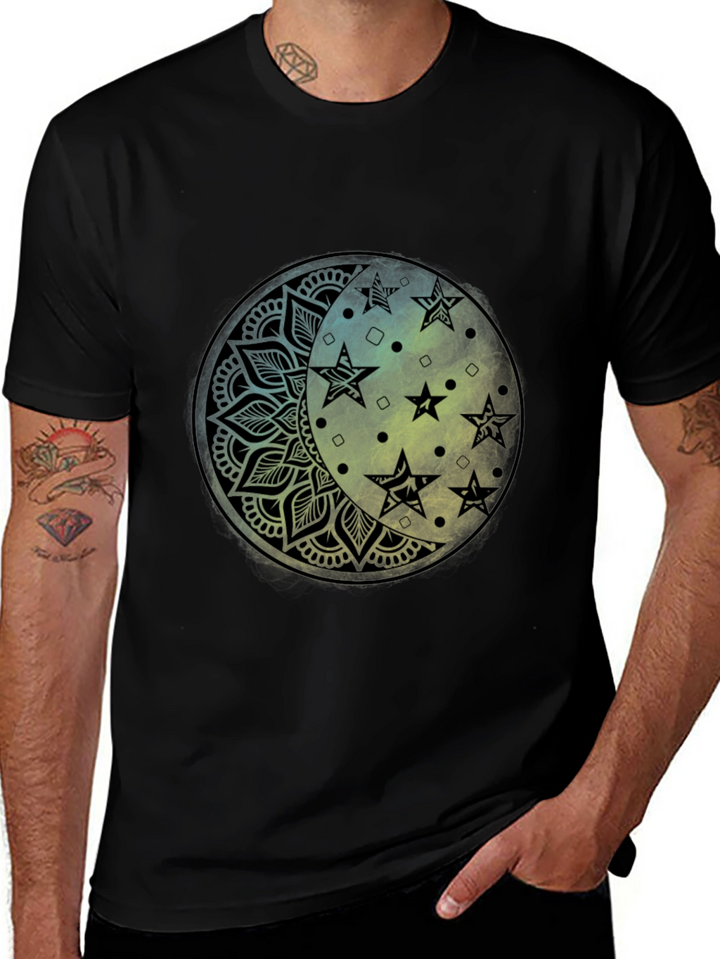 Celestial Moon Star Mandala Black Graphic Tee