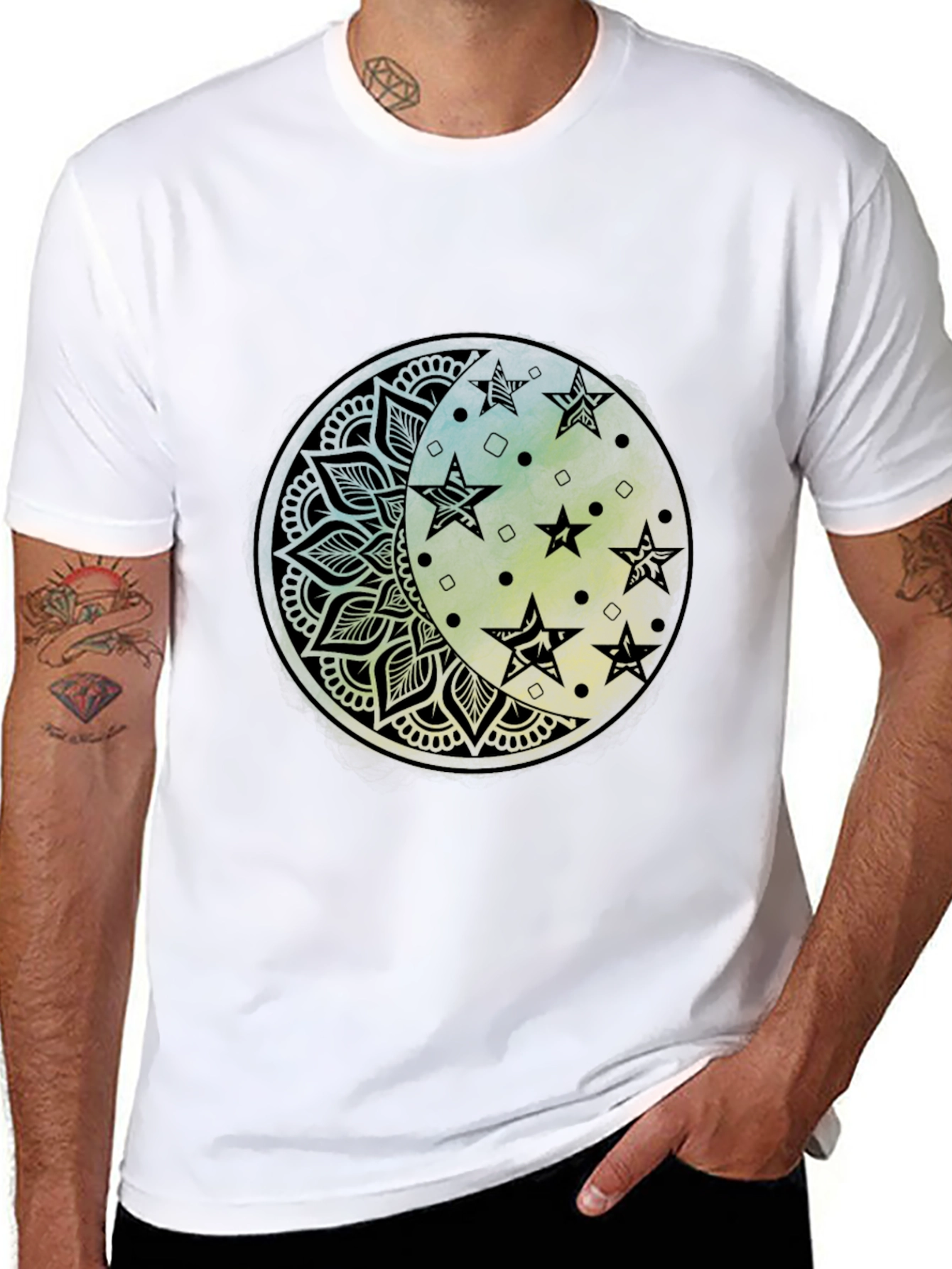 Celestial Moon Star Mandala Black Graphic Tee