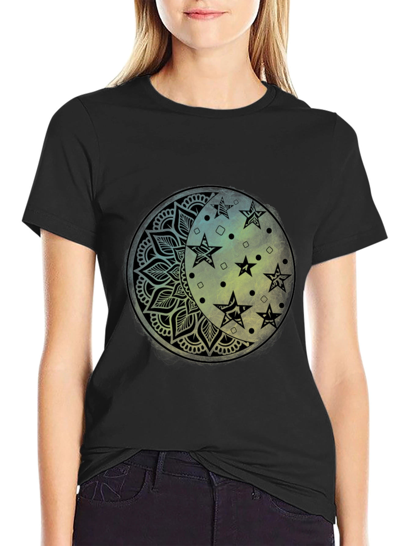 Celestial Moon Star Mandala Black Graphic Tee