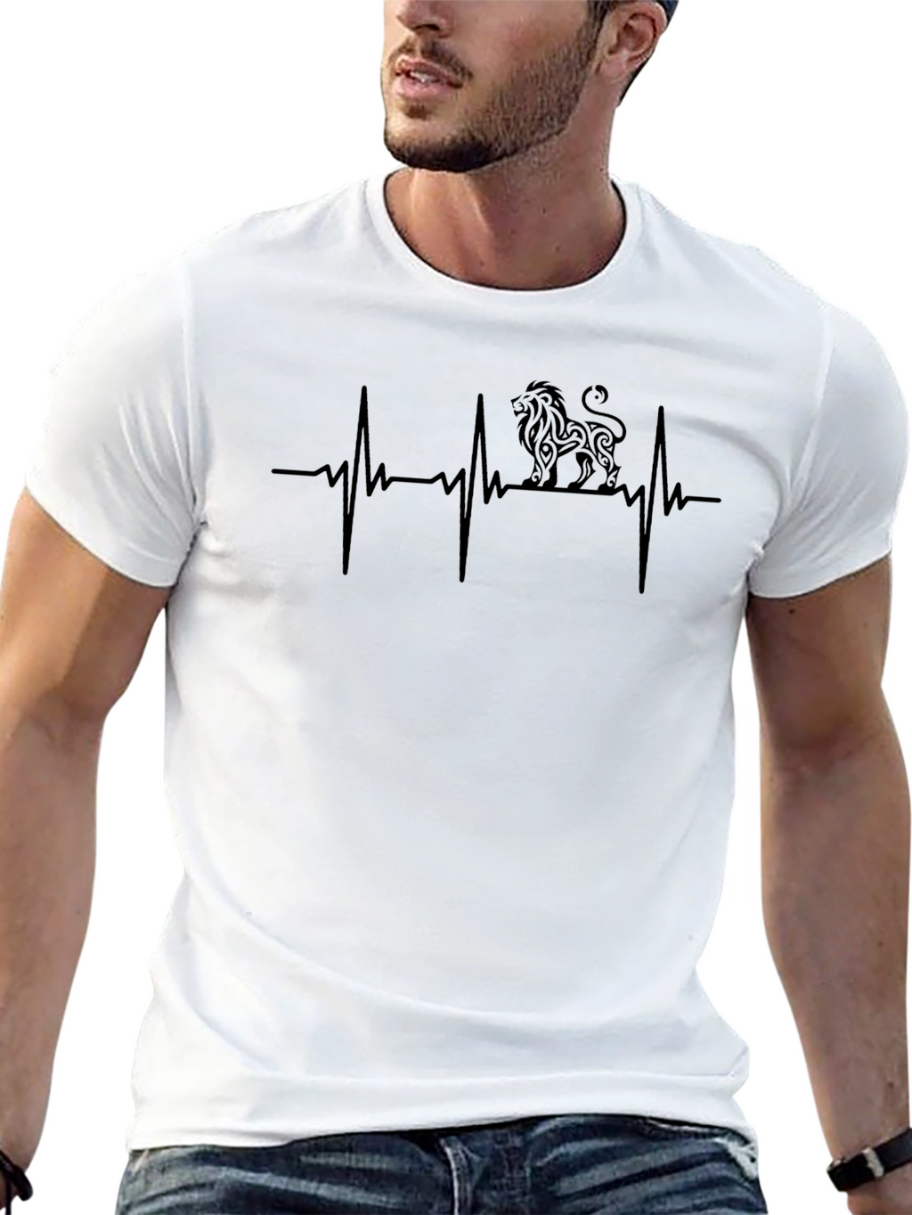 Lion Heartbeat Graphic Tee - Black Cotton Casual T-Shirt