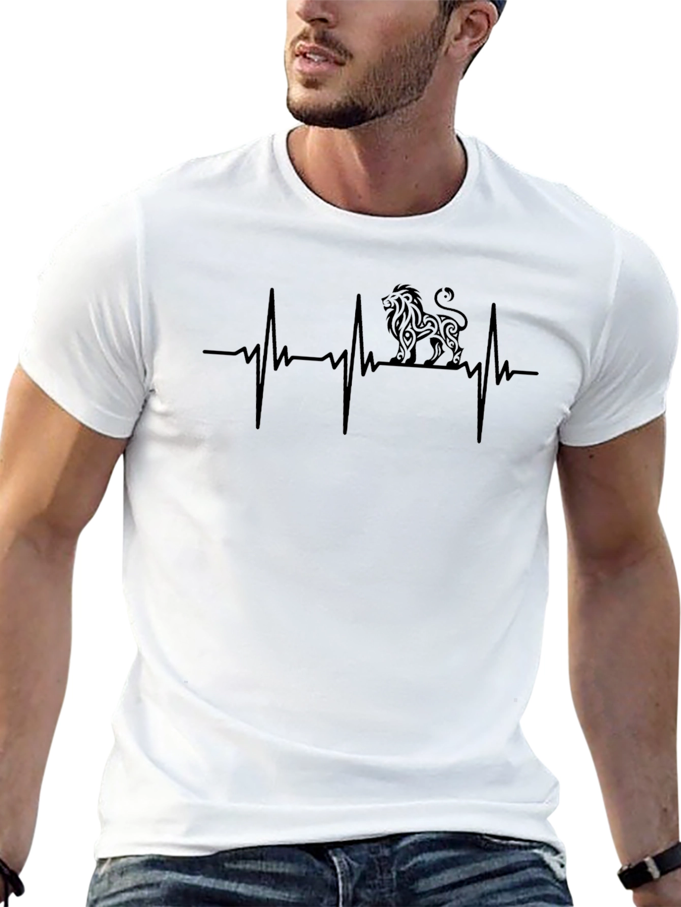 Lion Heartbeat Graphic Tee - Black Cotton Casual T-Shirt