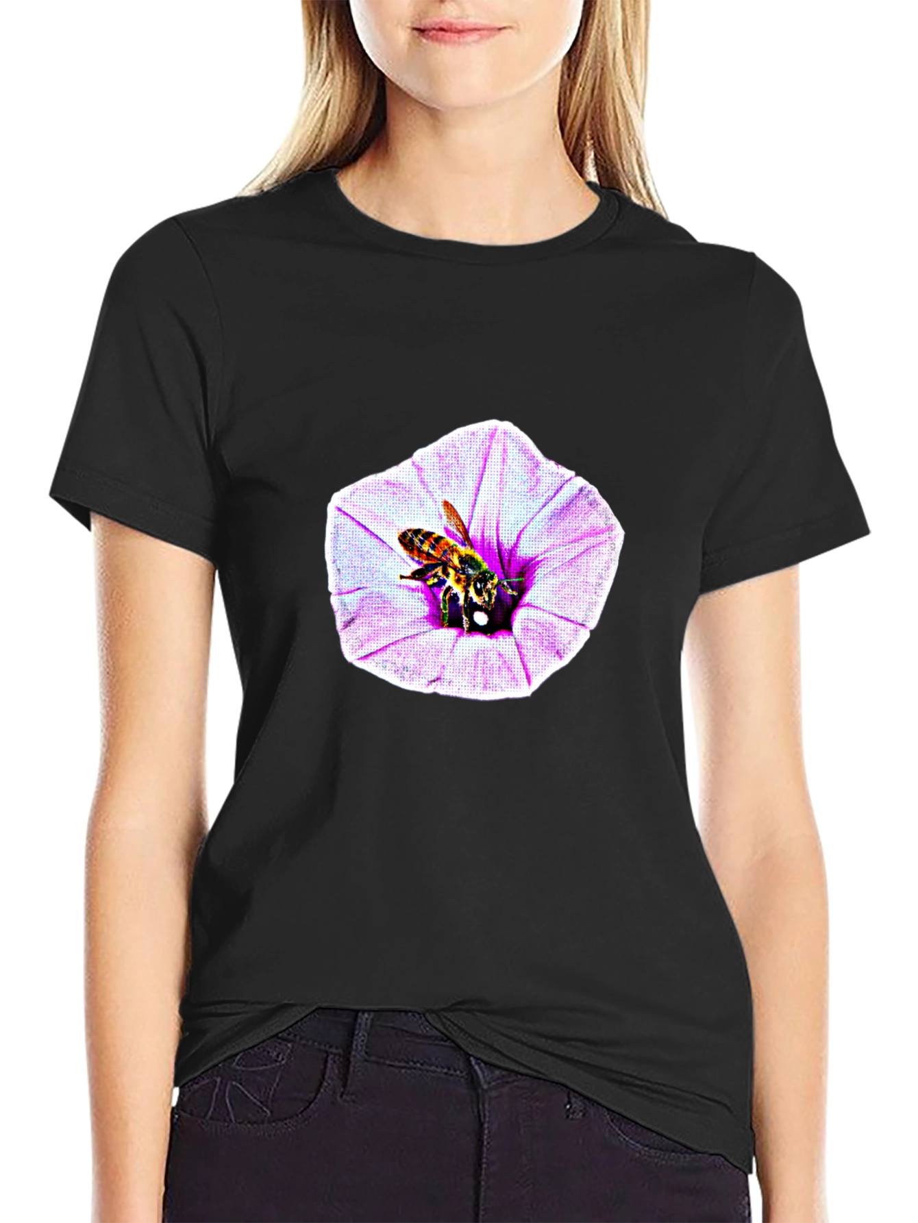 Bee on Flower Graphic T-Shirt - Black