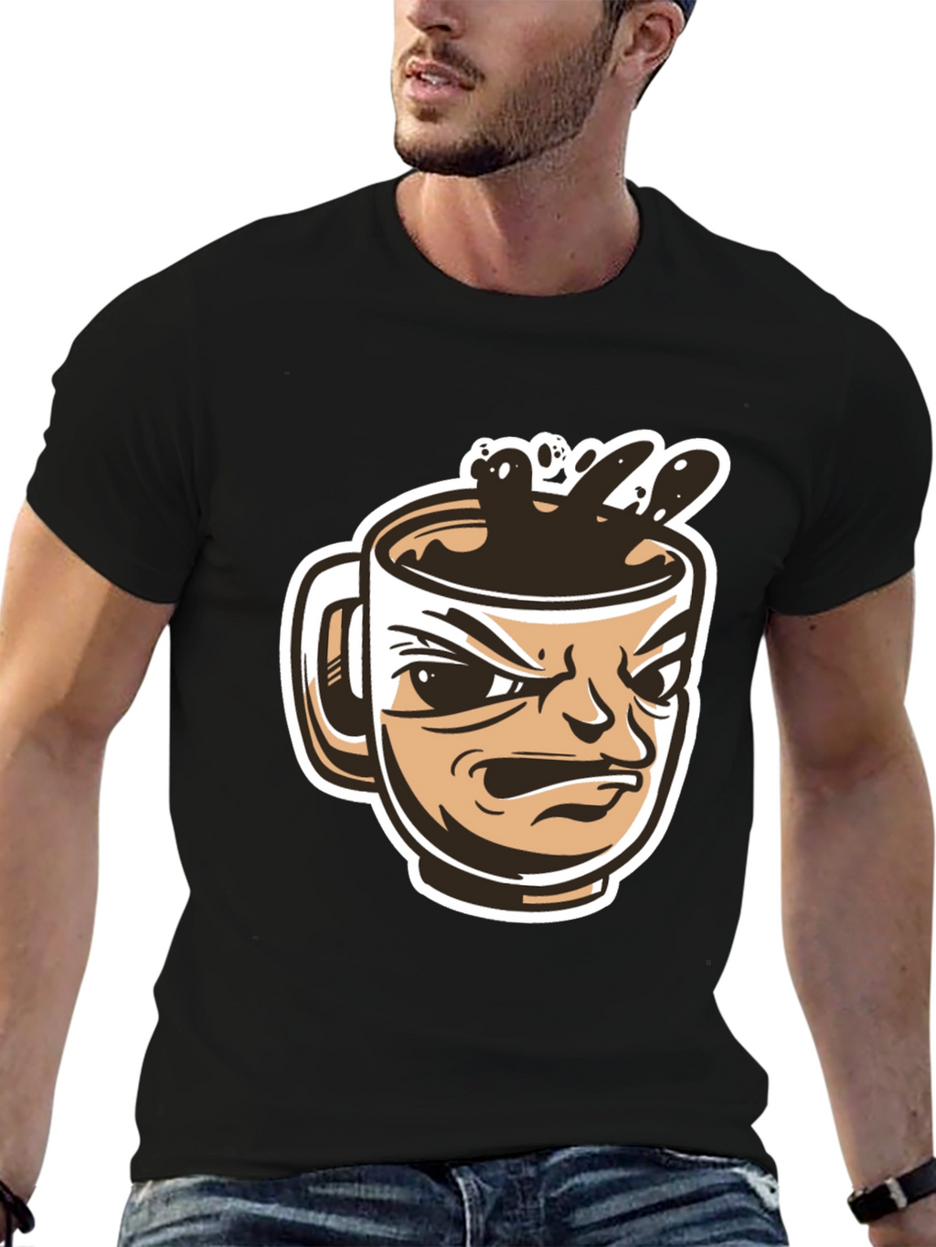 Angry Coffee Mug Graphic T-Shirt - Black