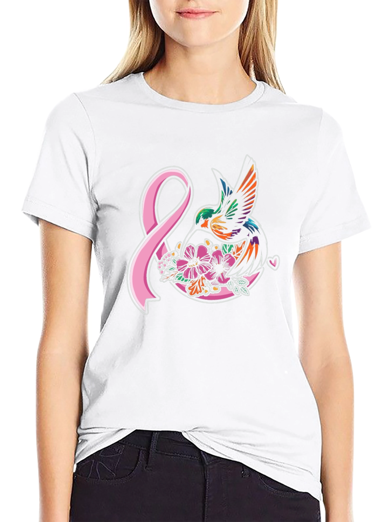 Hummingbird & Pink Ribbon Graphic T-Shirt