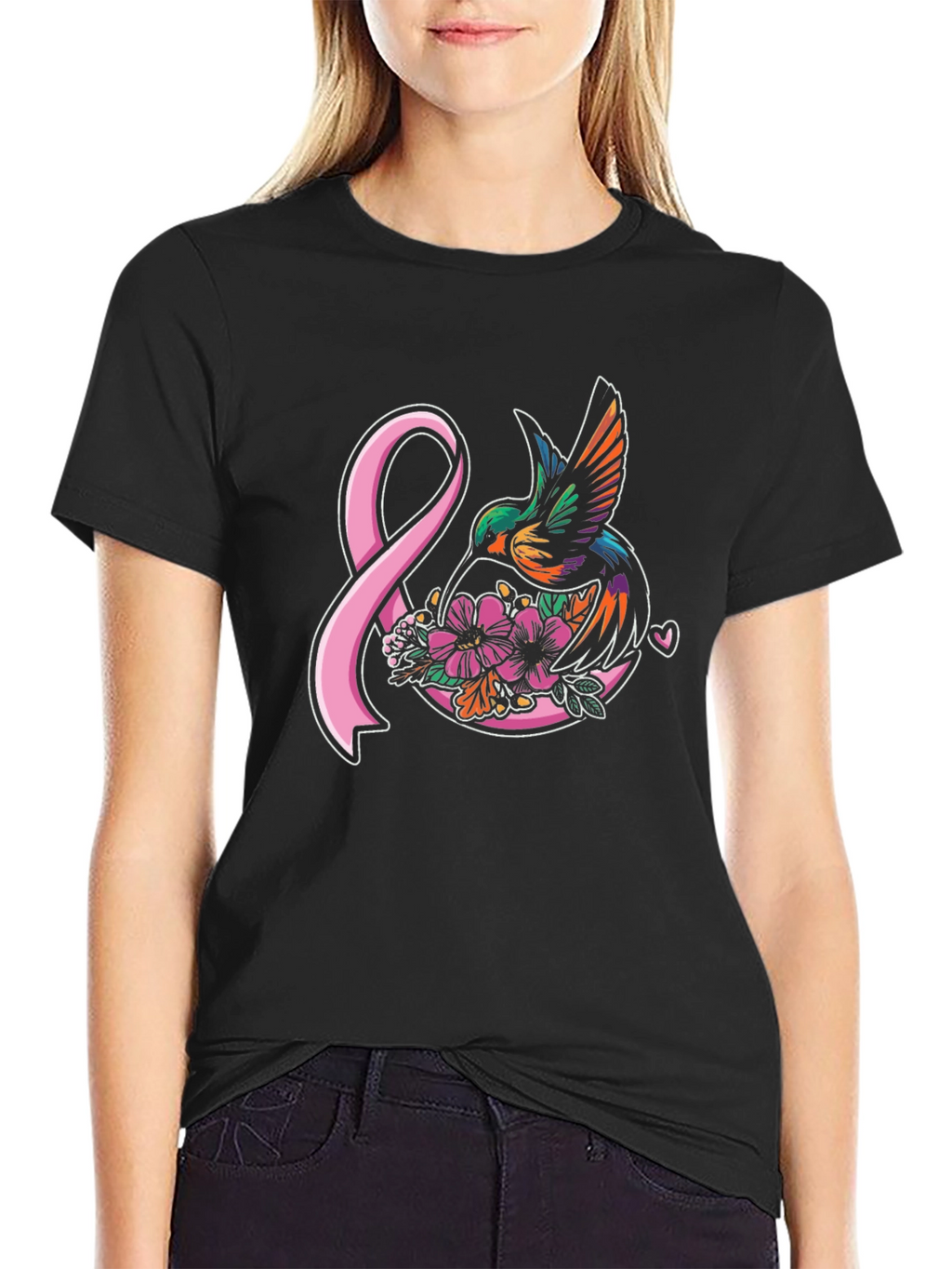 Hummingbird & Pink Ribbon Graphic T-Shirt