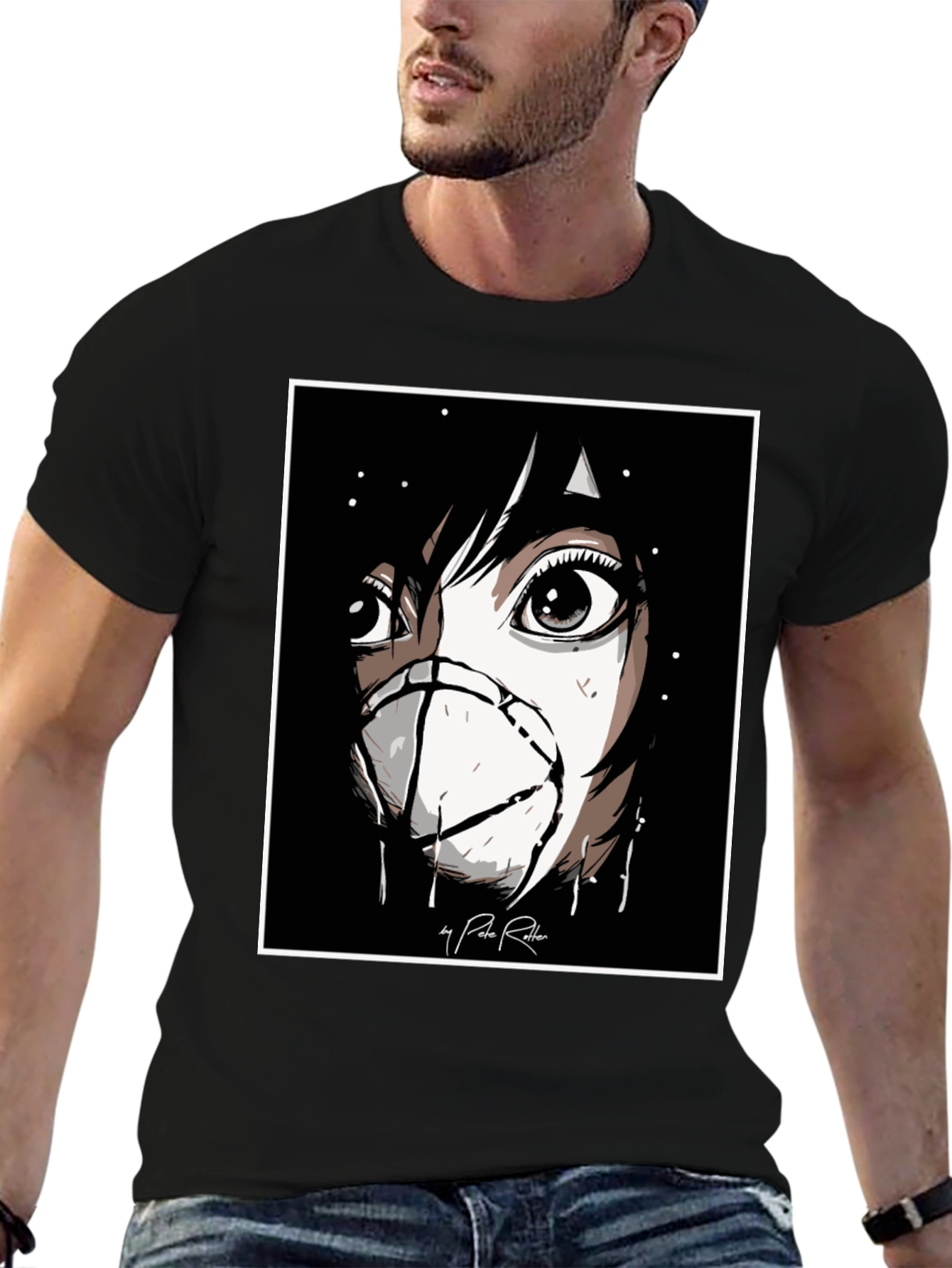 Anime Mask Graphic Black T-Shirt