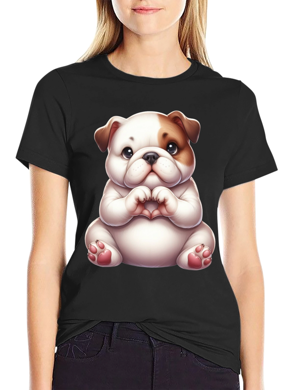 Cute Bulldog Heart Hands Black T-Shirt