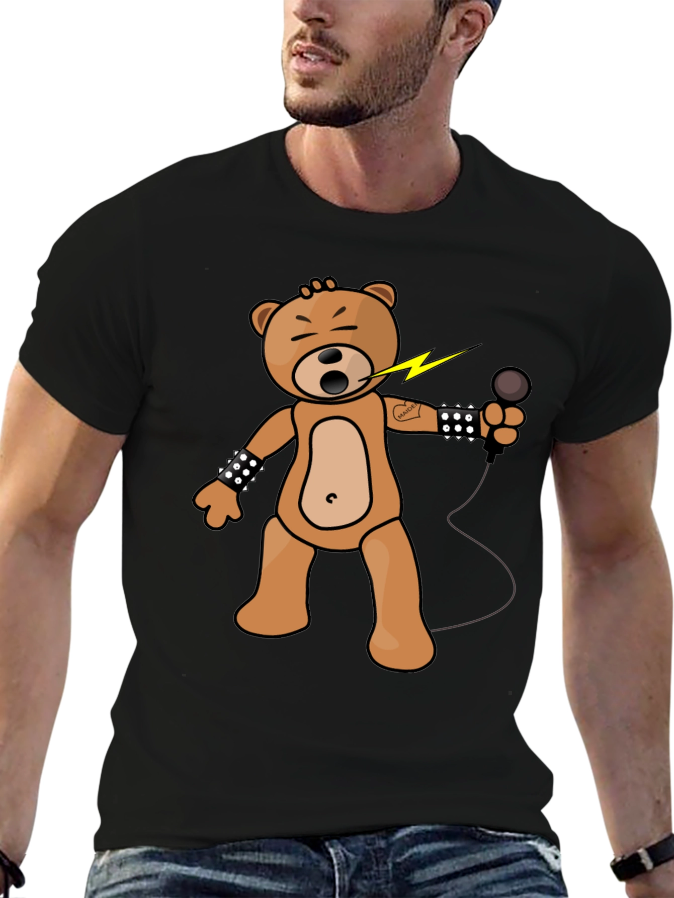 Rocker Bear Graphic Tee - Black Cotton Comfort
