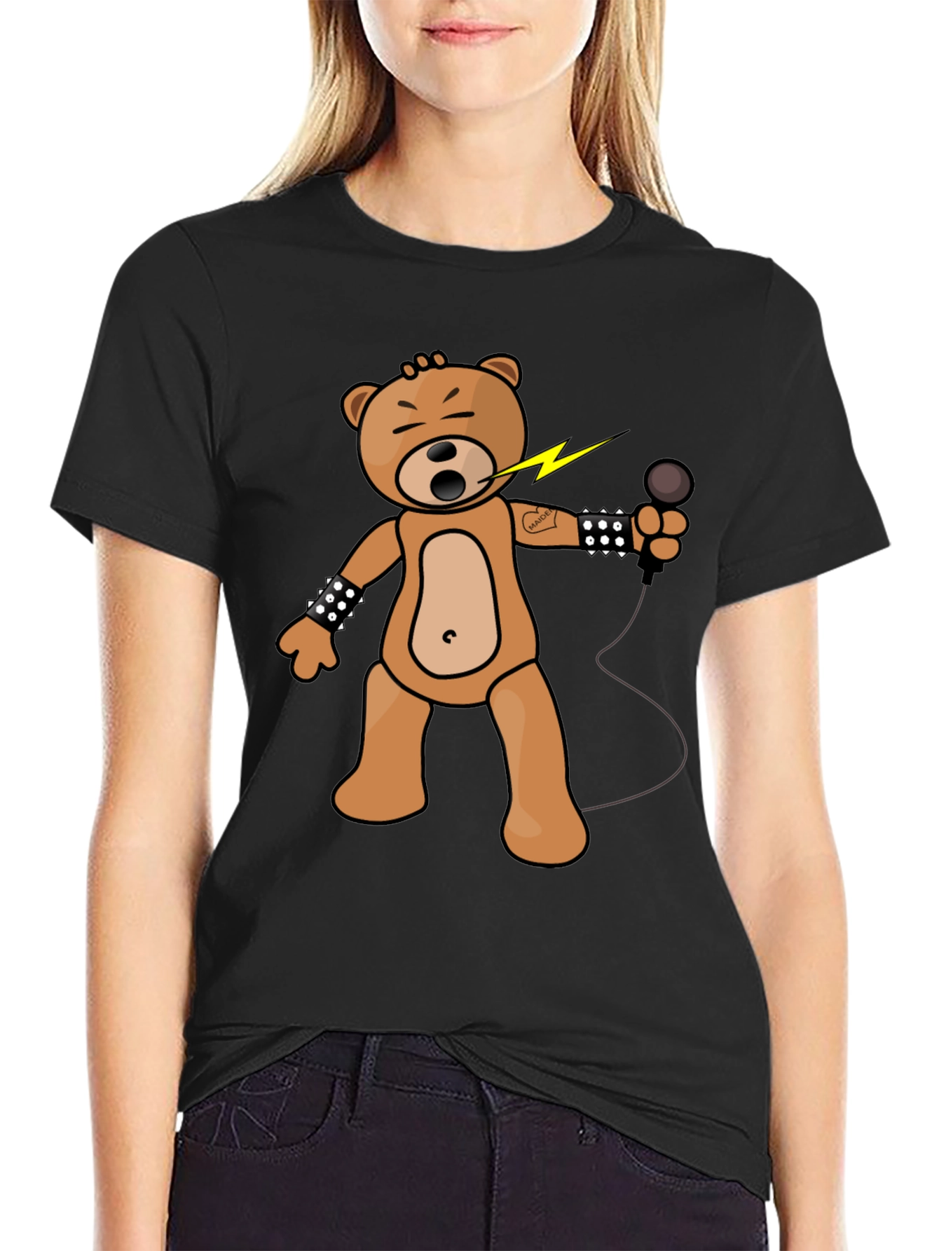 Rocker Bear Graphic Tee - Black Cotton Comfort
