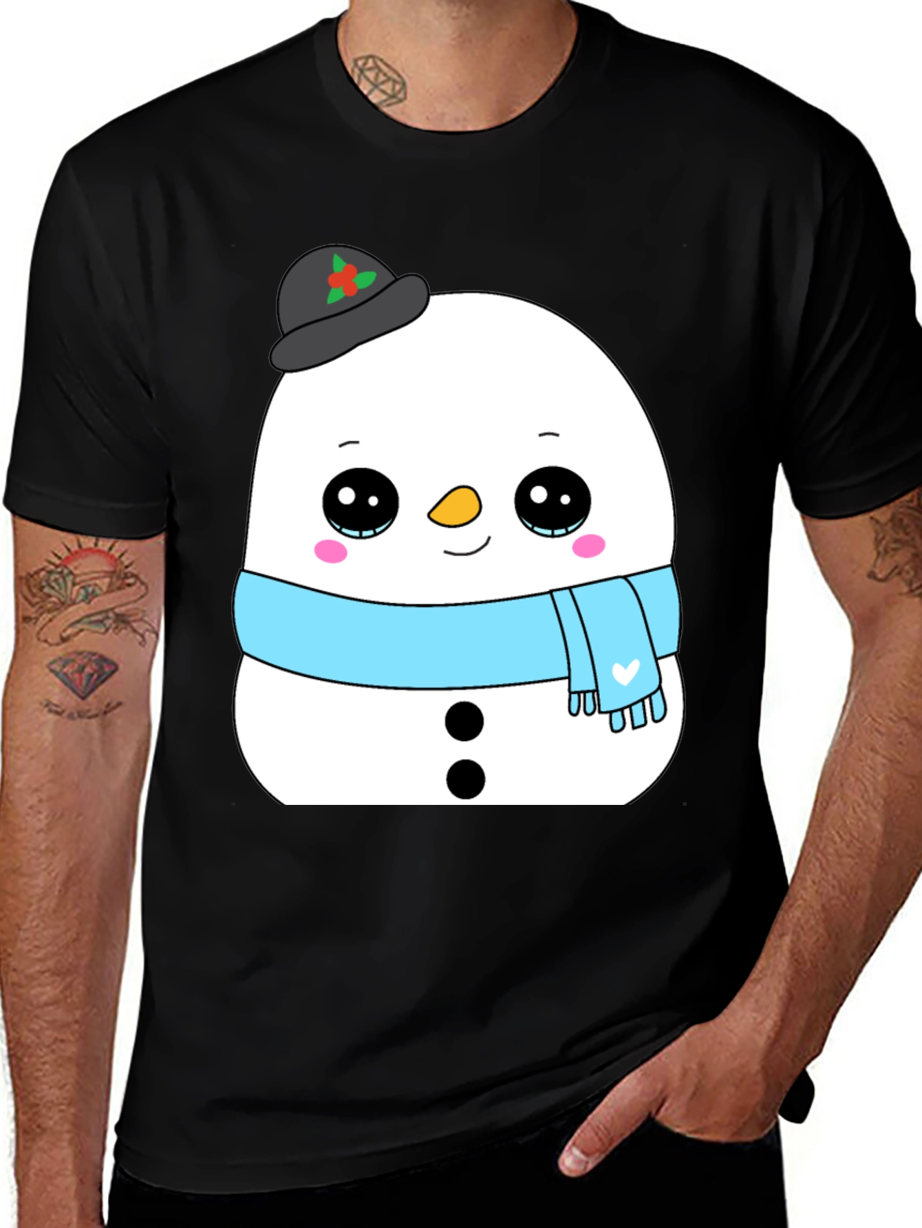 Cute Snowman Graphic Tee - Black Holiday Shirt