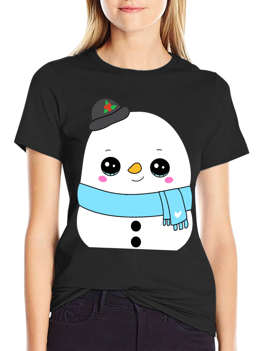 Cute Snowman Graphic Tee - Black Holiday Shirt