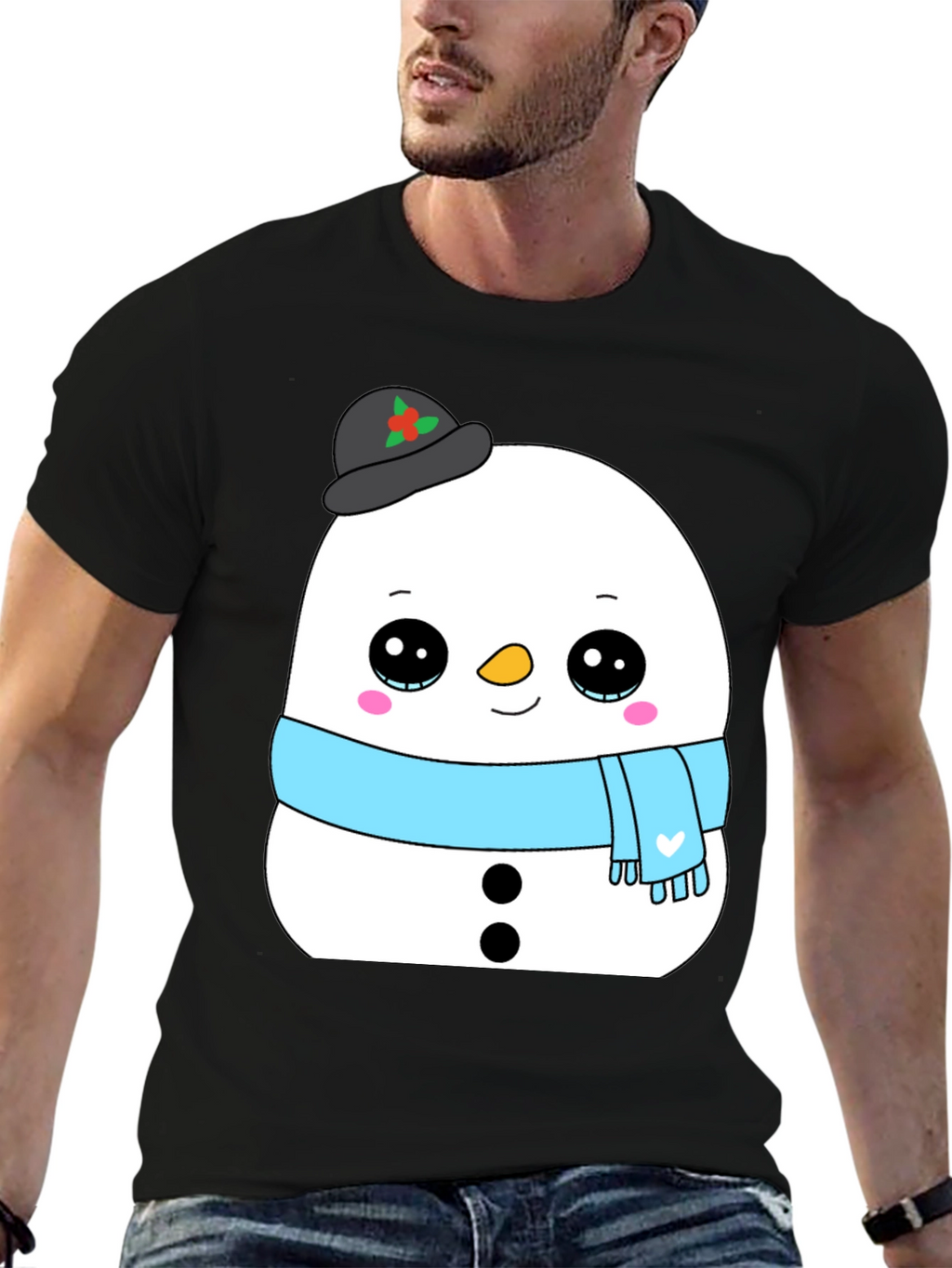 Cute Snowman Graphic Tee - Black Holiday Shirt