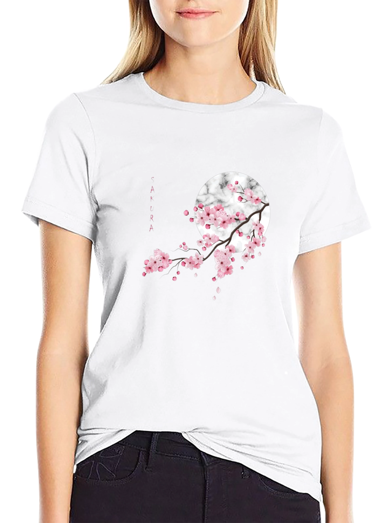 Sakura Blossom Graphic Tee - Black Cotton Casual Shirt