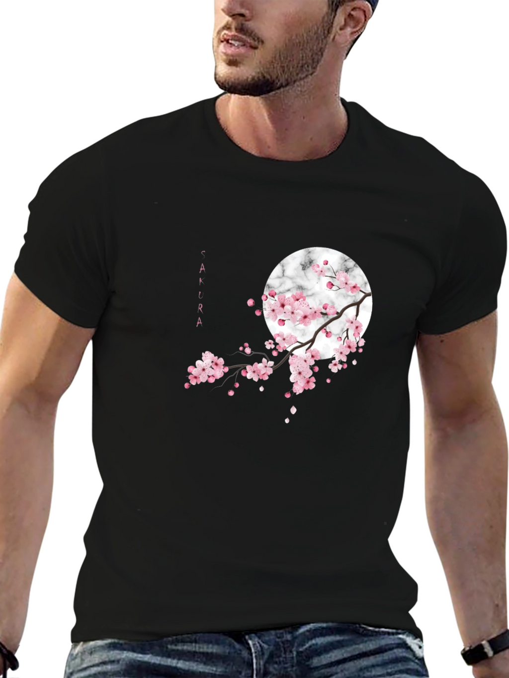 Sakura Blossom Graphic Tee - Black Cotton Casual Shirt