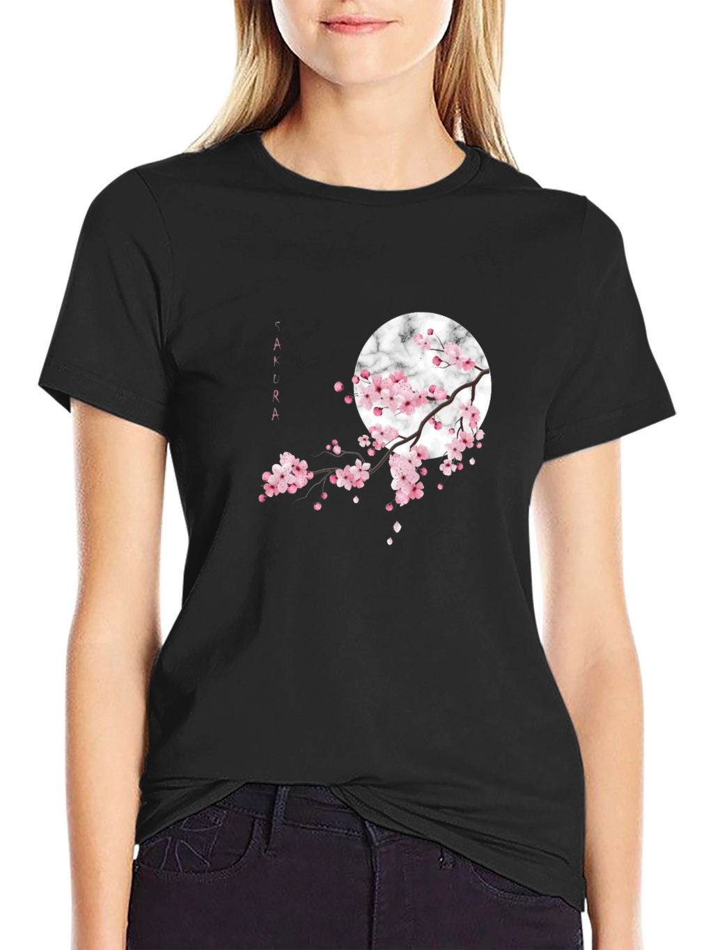Sakura Blossom Graphic Tee - Black Cotton Casual Shirt