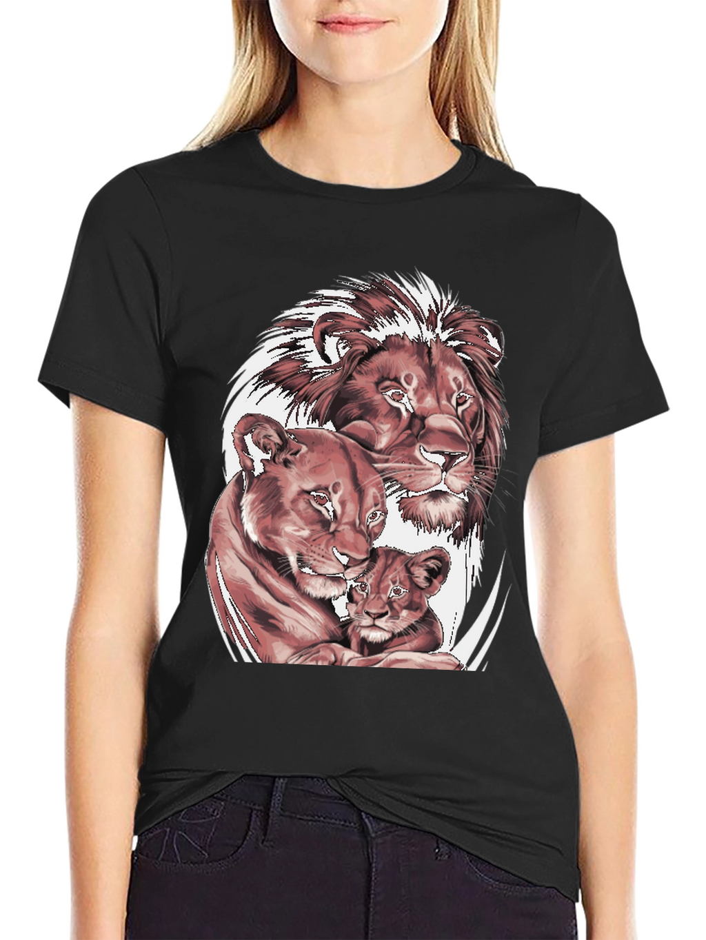 Lion Family Graphic Tee - Black Cotton T-Shirt