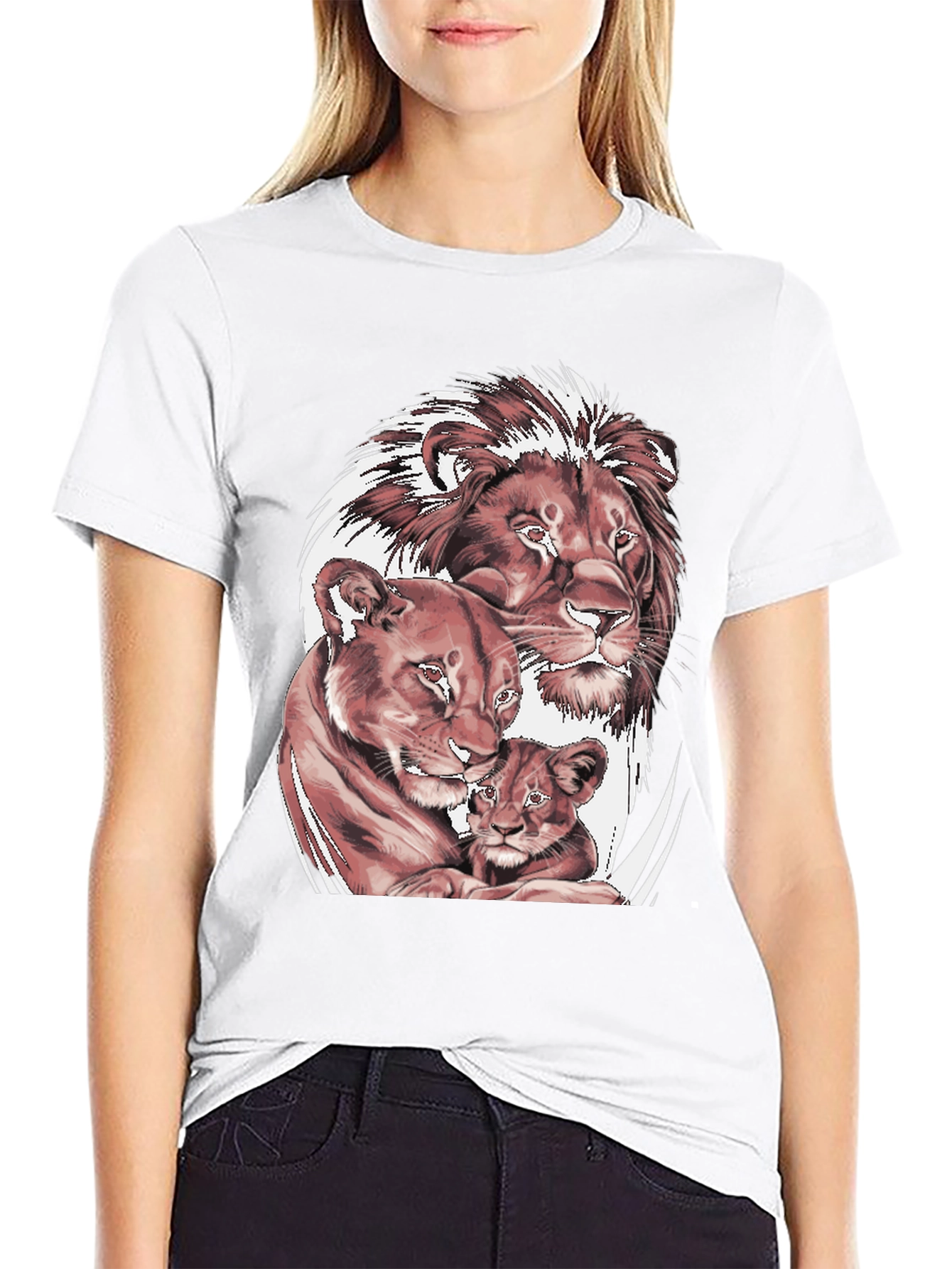 Lion Family Graphic Tee - Black Cotton T-Shirt