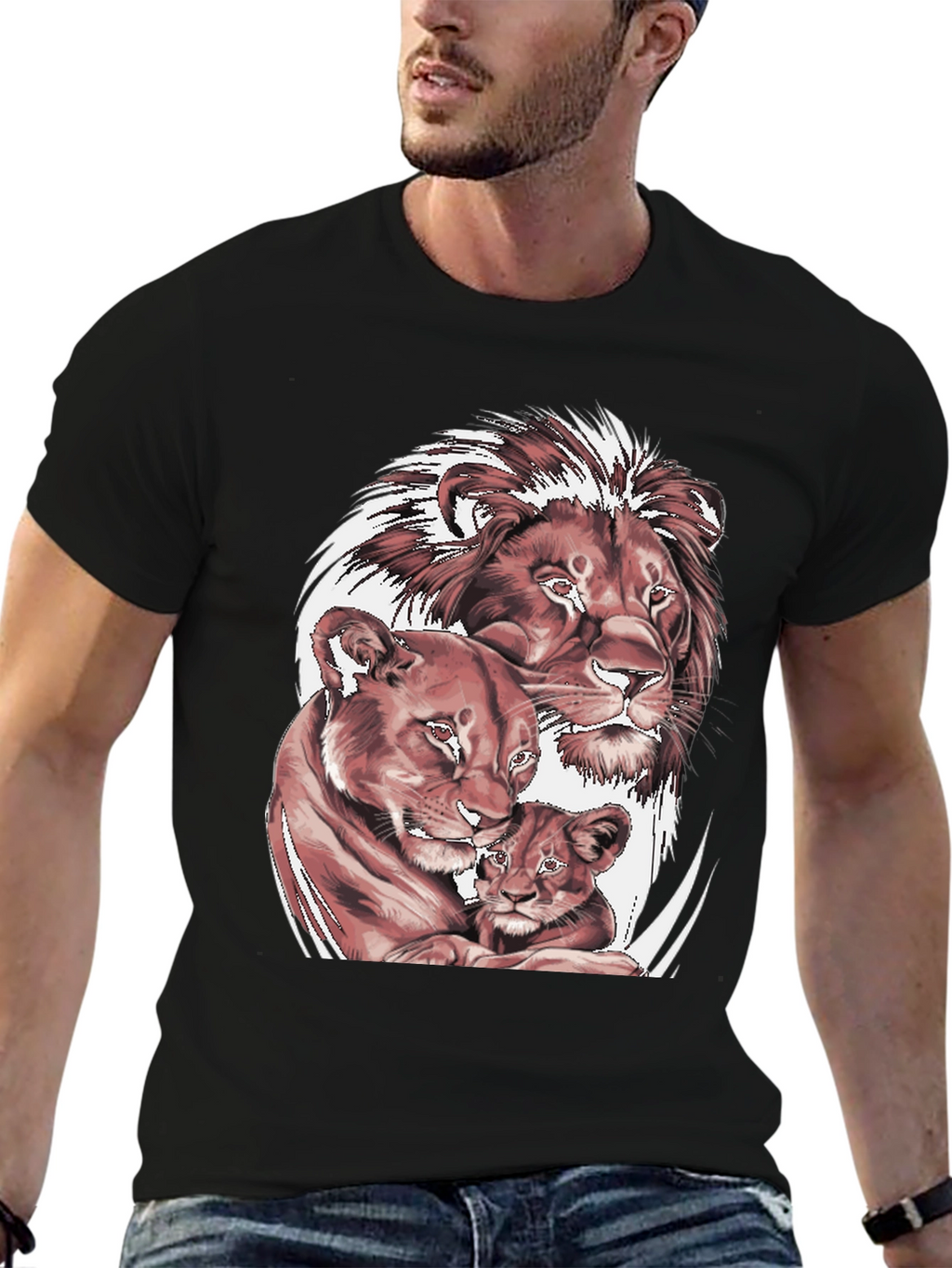 Lion Family Graphic Tee - Black Cotton T-Shirt