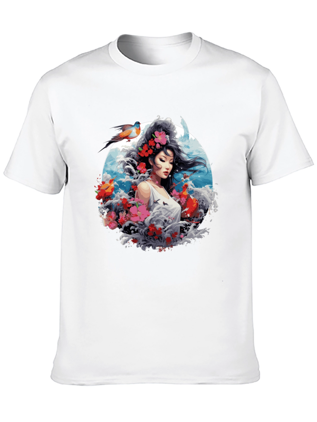 Floral Asian Woman Graphic Black T-Shirt
