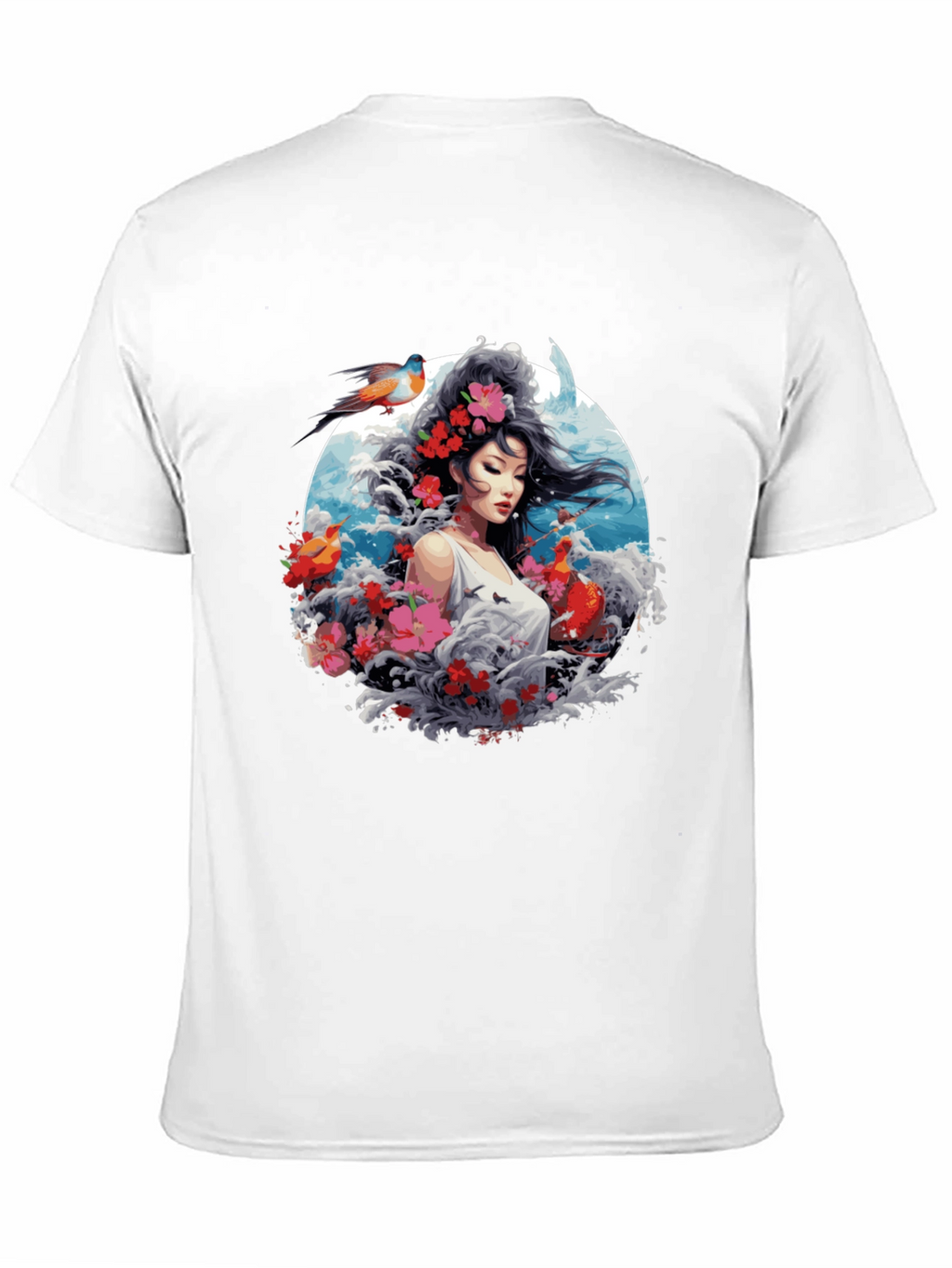 Floral Asian Woman Graphic Black T-Shirt