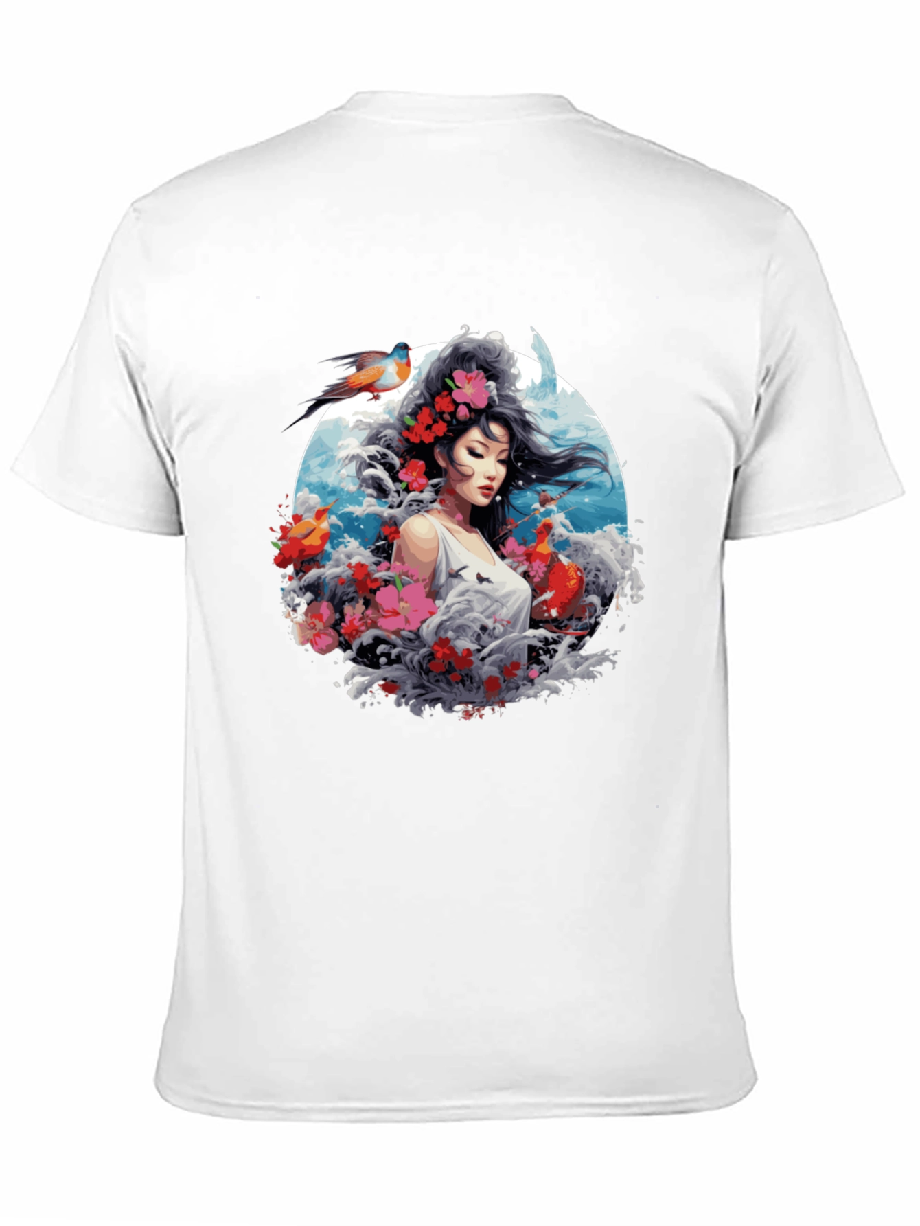Floral Asian Woman Graphic Black T-Shirt