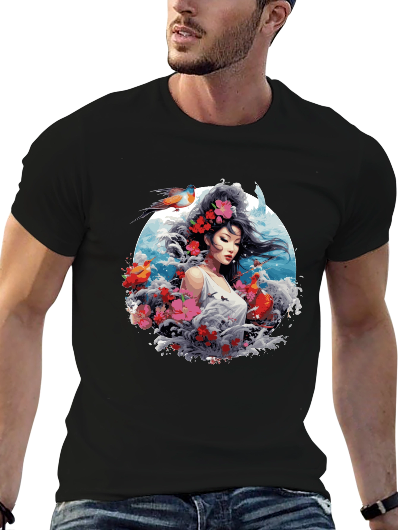 Floral Asian Woman Graphic Black T-Shirt