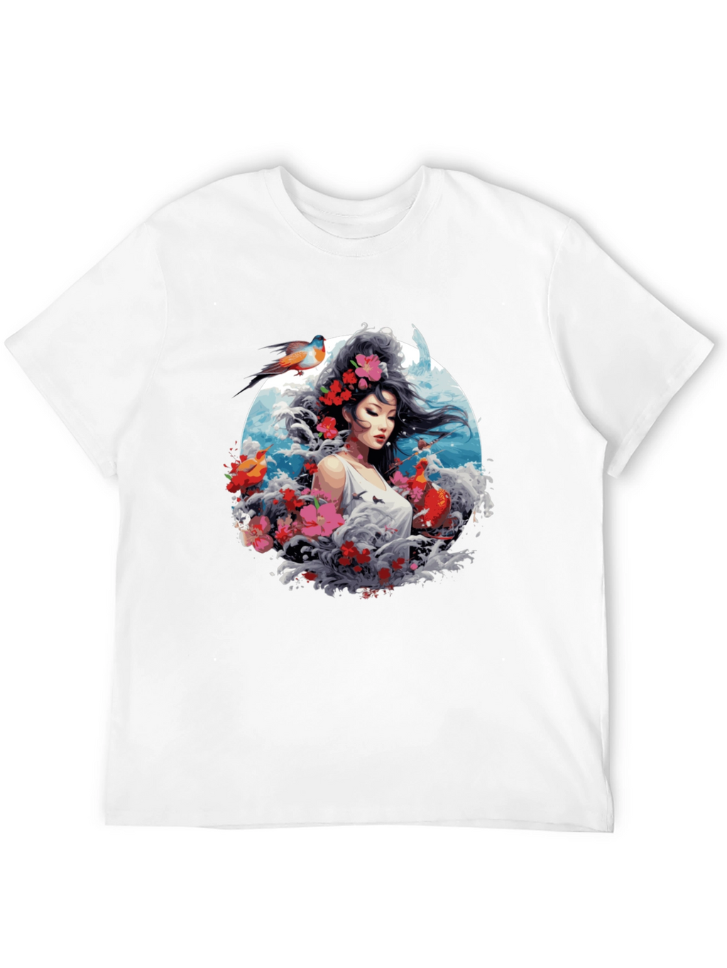 Floral Asian Woman Graphic Black T-Shirt