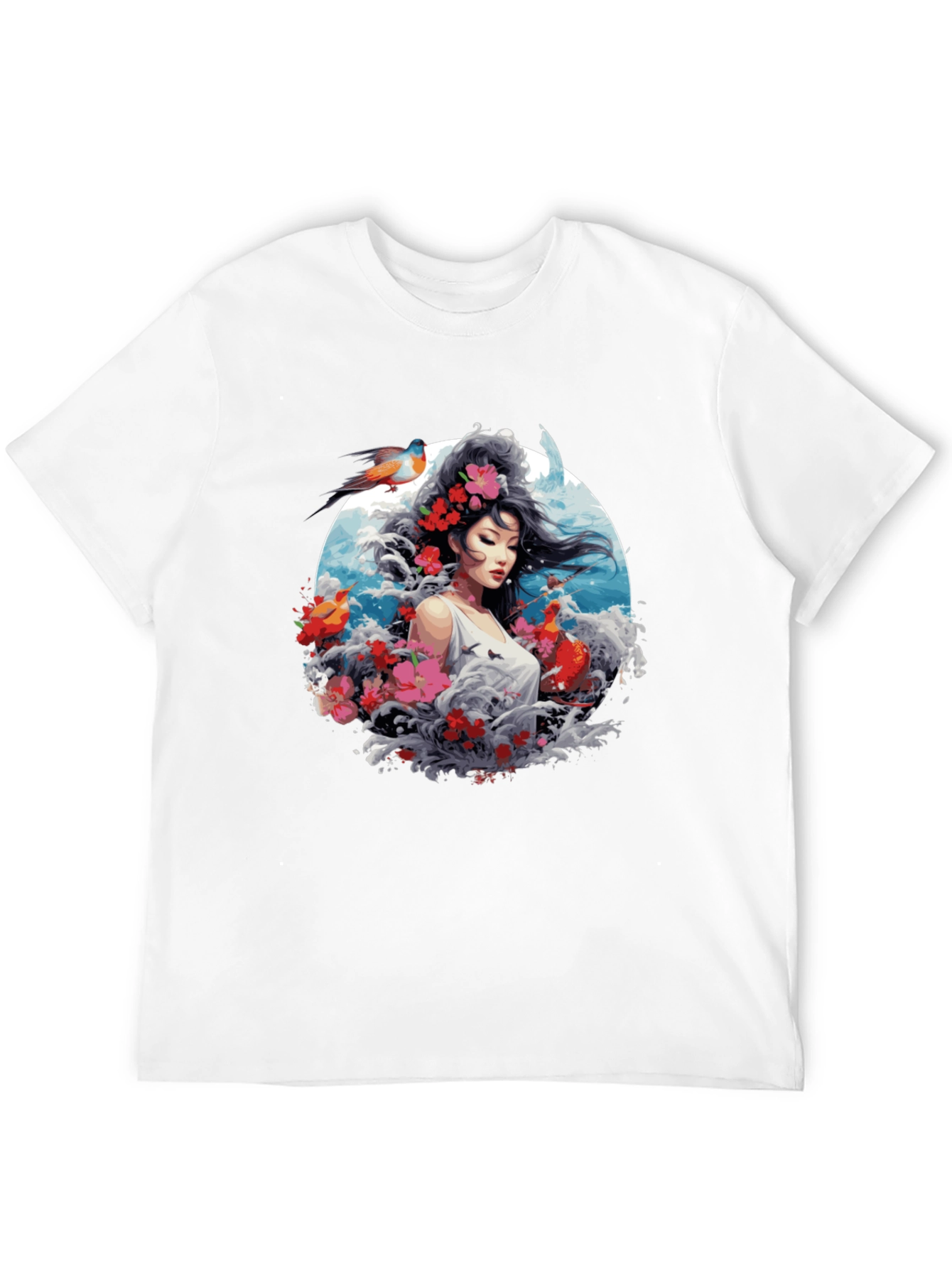 Floral Asian Woman Graphic Black T-Shirt