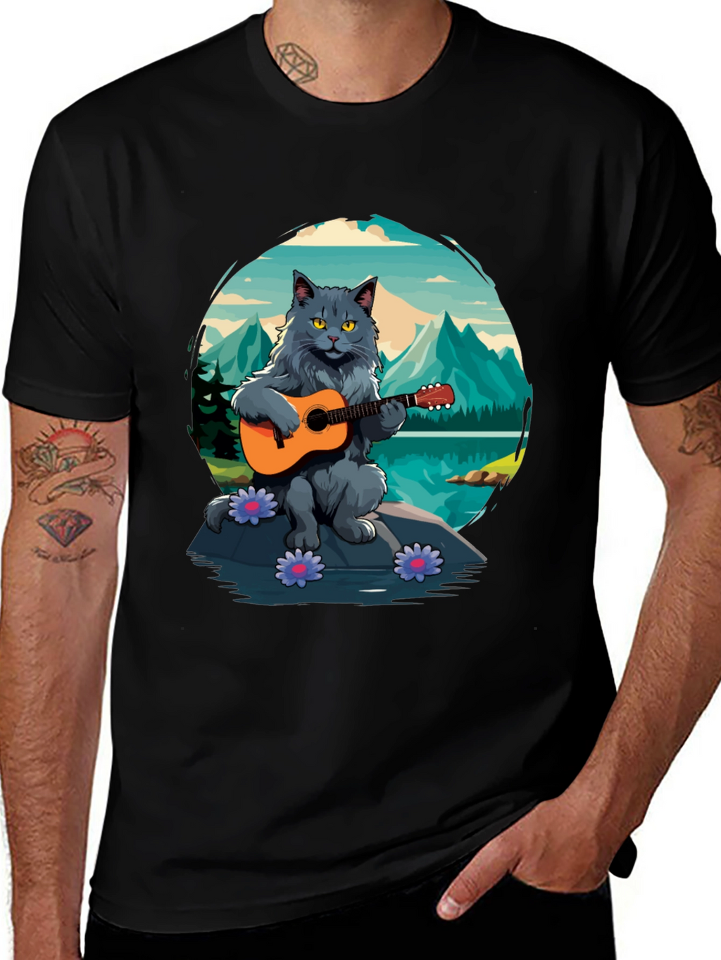 Cat Guitarist Graphic Tee - Playful & Unique Design