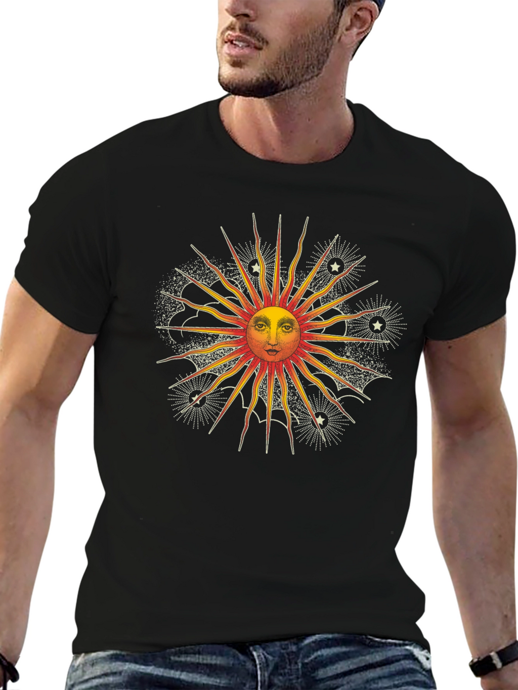 Celestial Sun Graphic Tee - Black Cotton Shirt