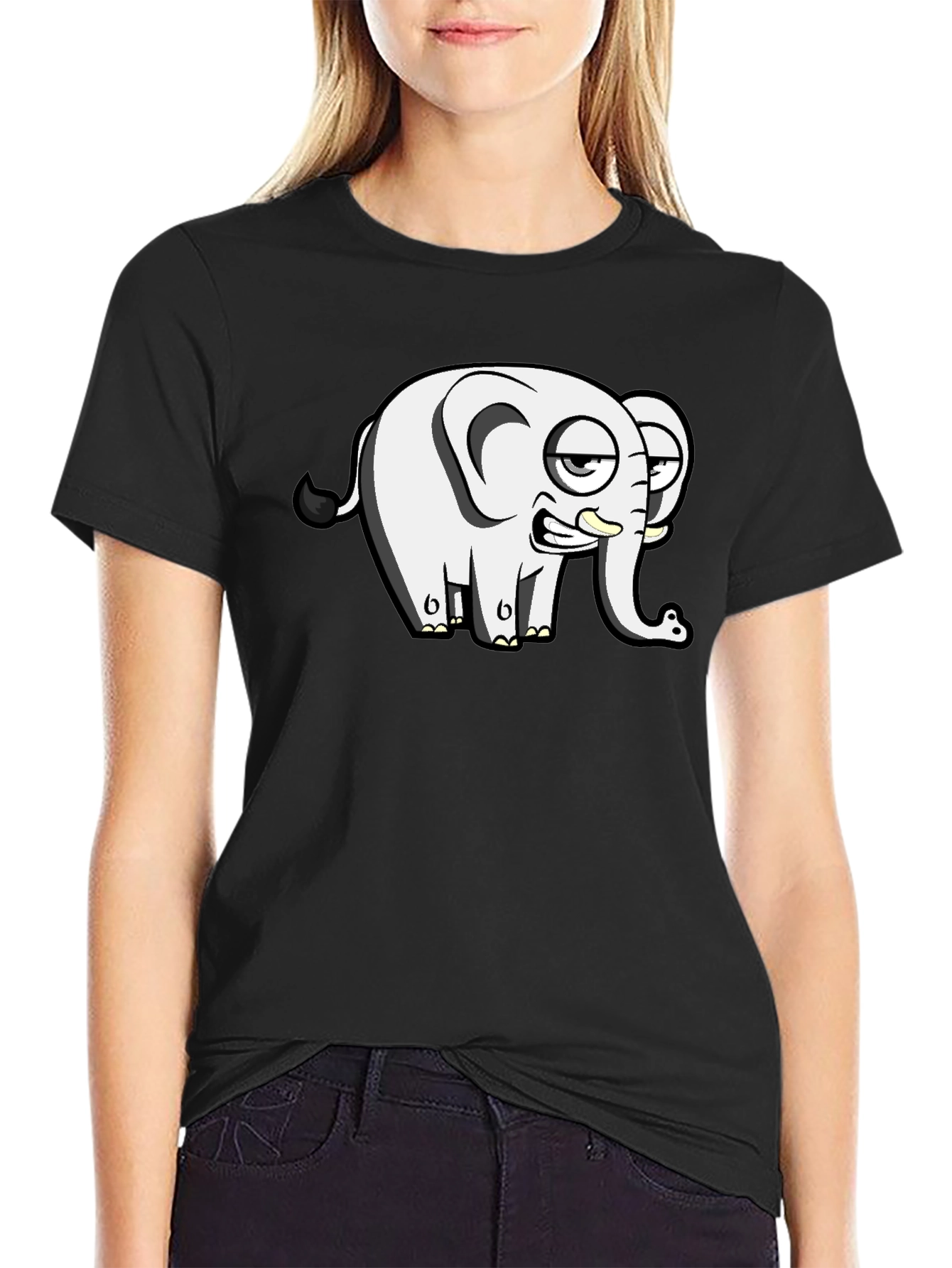 Funny Elephant Cartoon Black T-Shirt