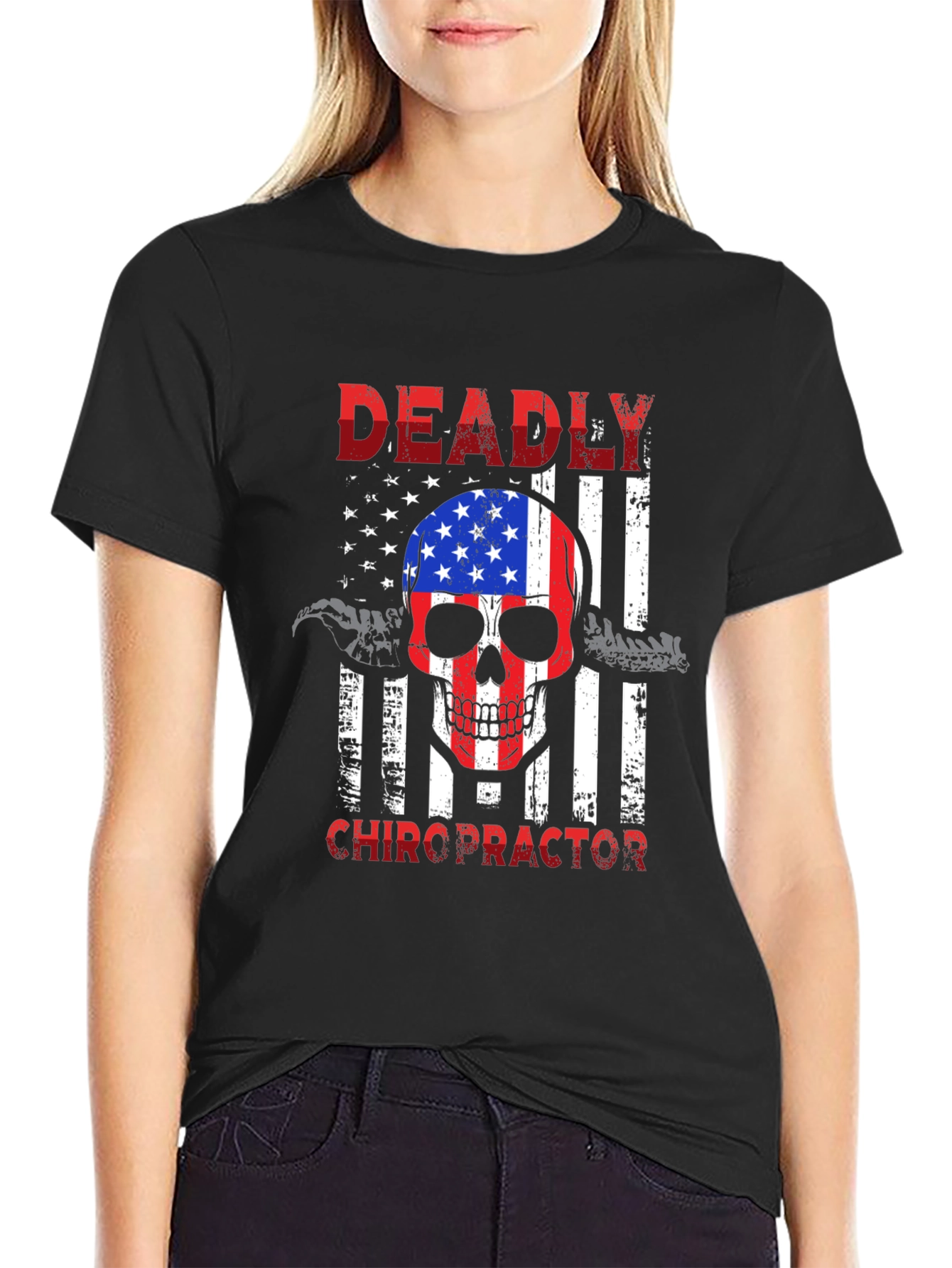 Deadly Chiropractor USA Flag Skull Graphic Tee