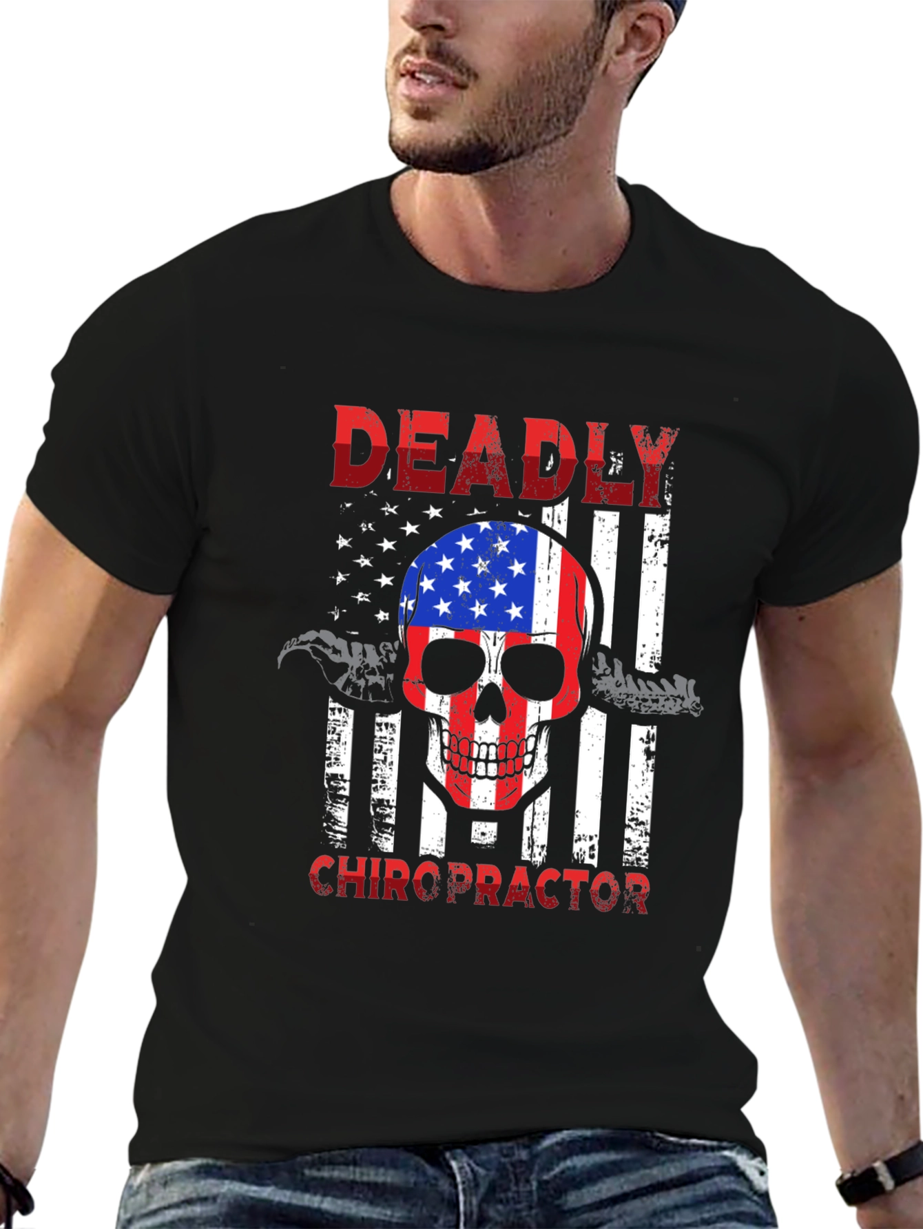 Deadly Chiropractor USA Flag Skull Graphic Tee