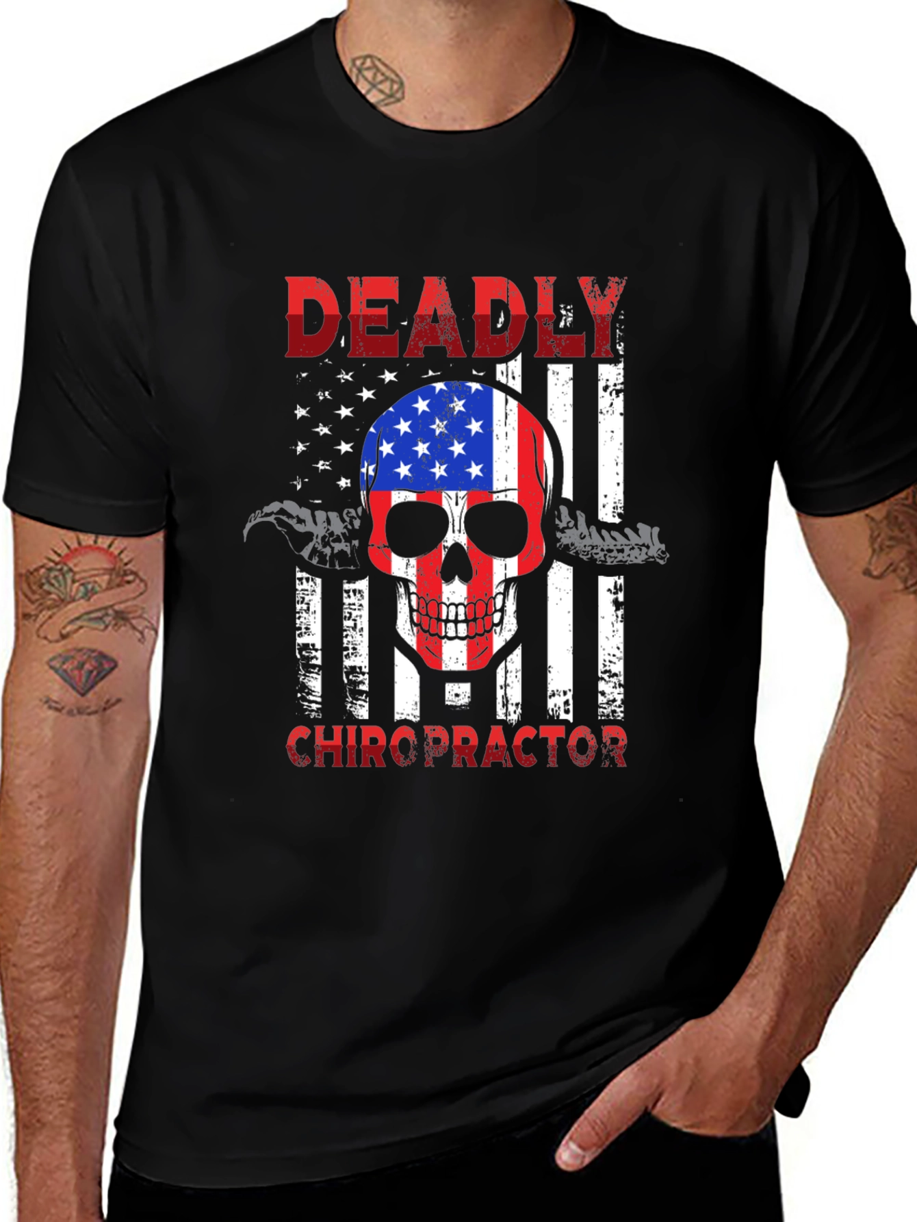 Deadly Chiropractor USA Flag Skull Graphic Tee