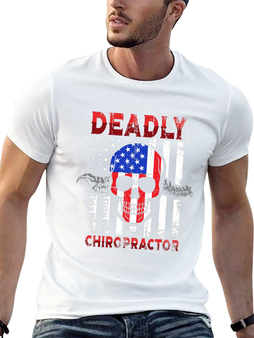 Deadly Chiropractor USA Flag Skull Graphic Tee