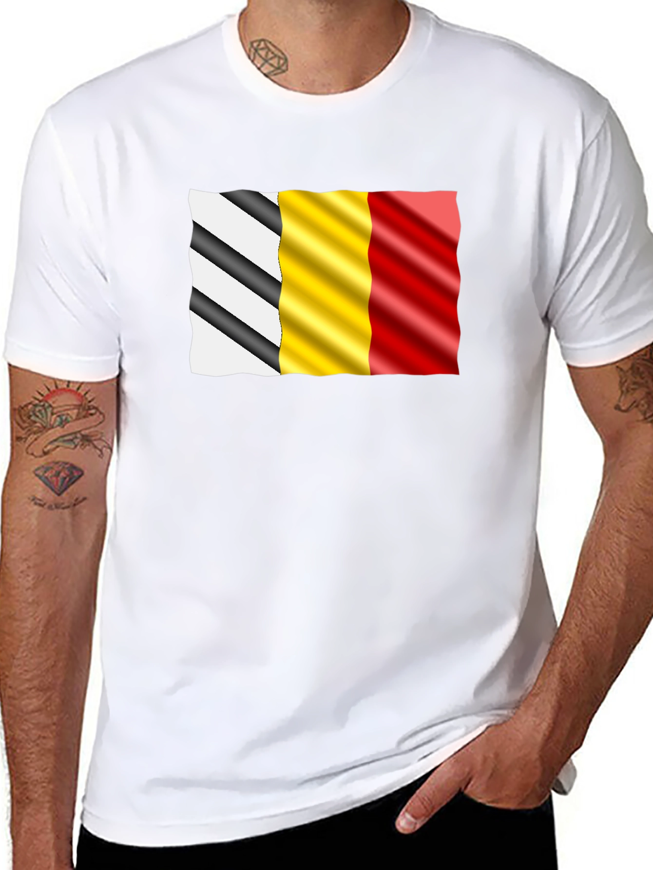 Wavy Belgium Flag Graphic Tee - Black Cotton T-Shirt