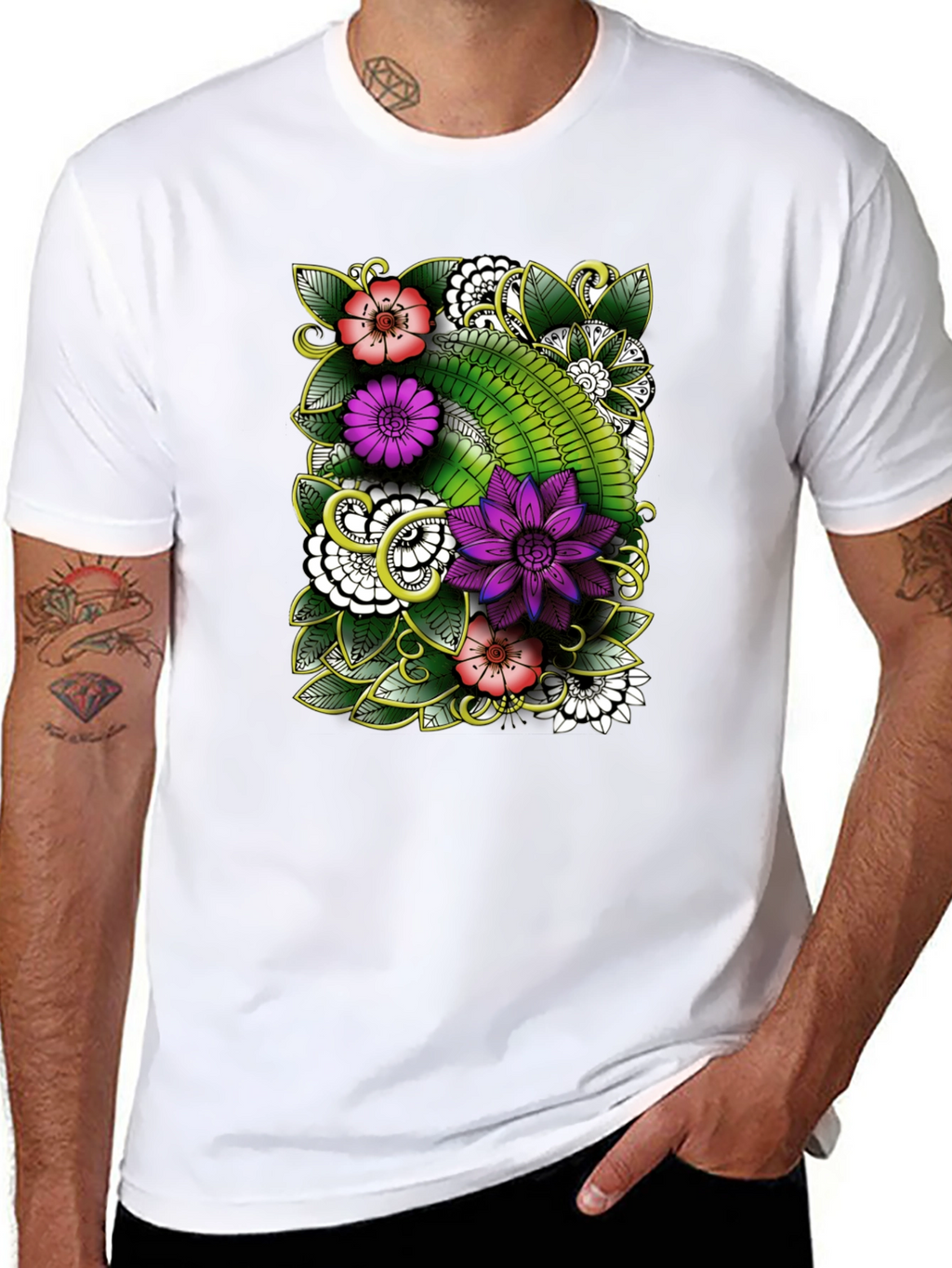Floral Patterned Mens Black T-Shirt