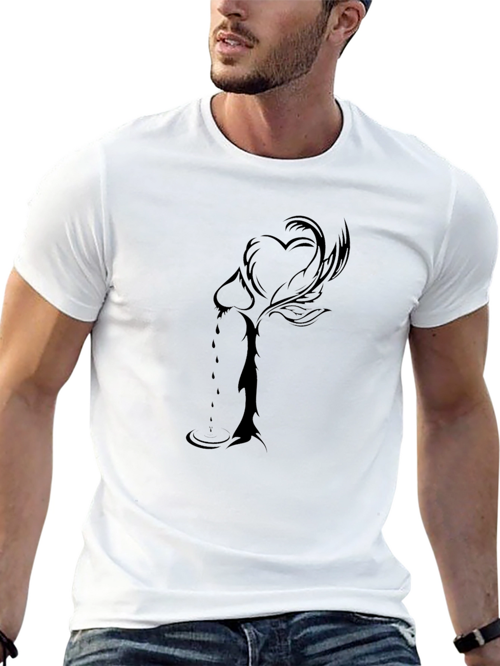 Mens Black Graphic Tee - Abstract Heart Design