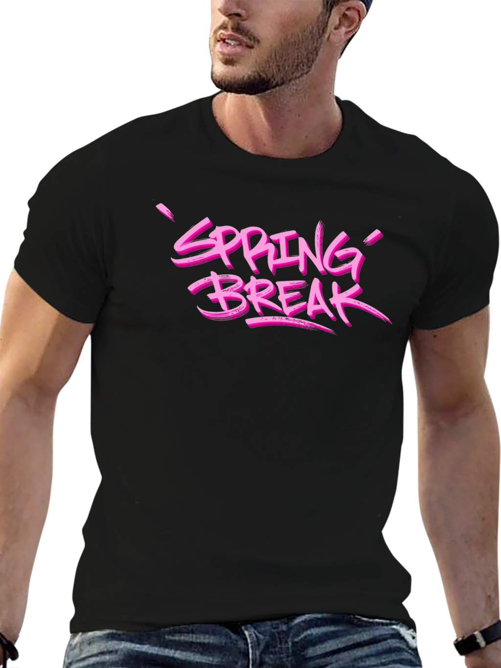 Spring Break Pink Graphic Black T-Shirt