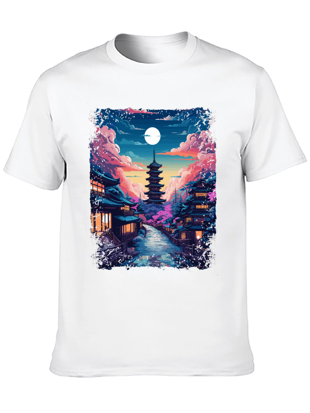 Night Sakura T-Shirt: Japanese Pagoda Moonlit Scene Tee