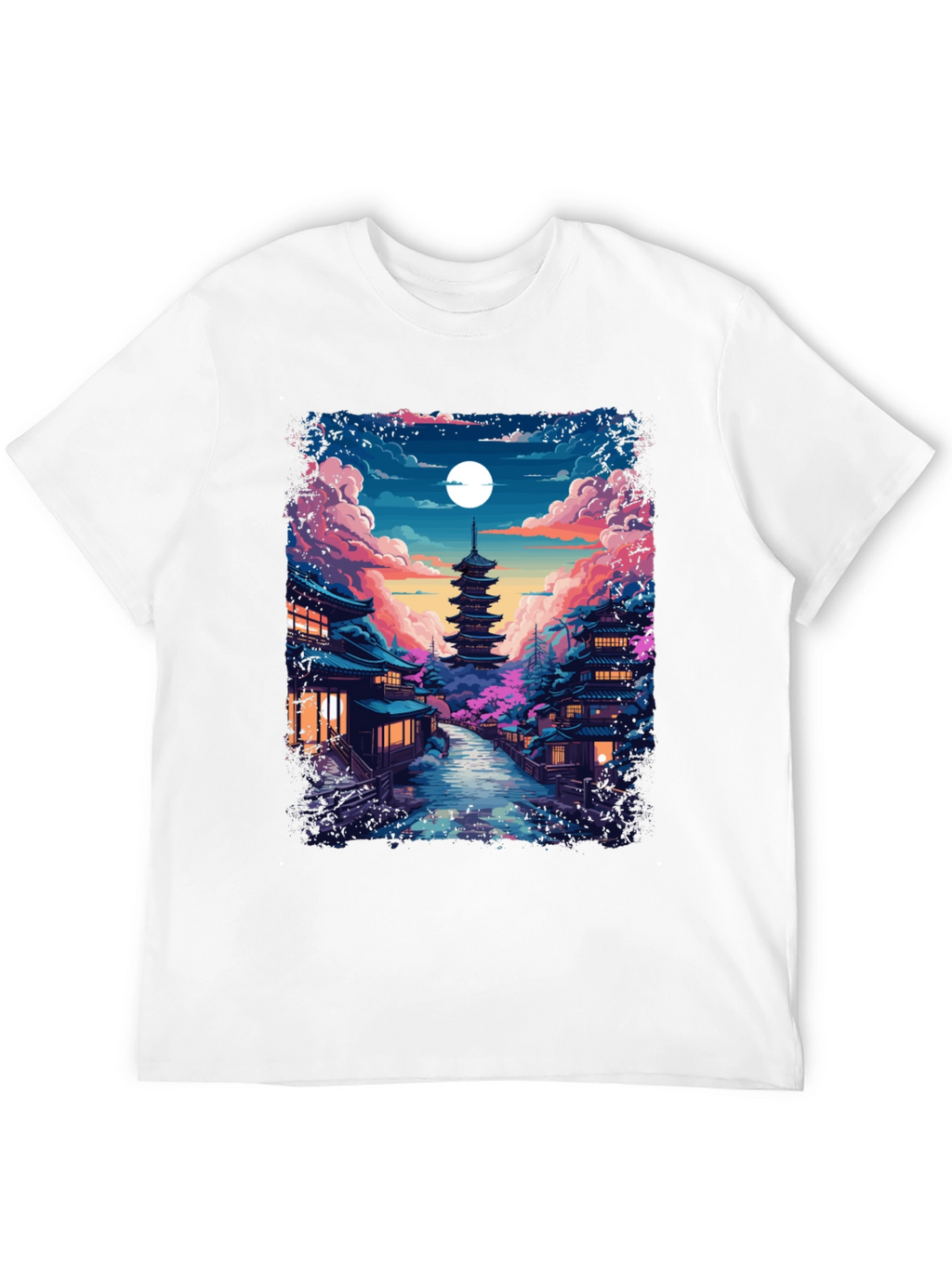 Night Sakura T-Shirt: Japanese Pagoda Moonlit Scene Tee