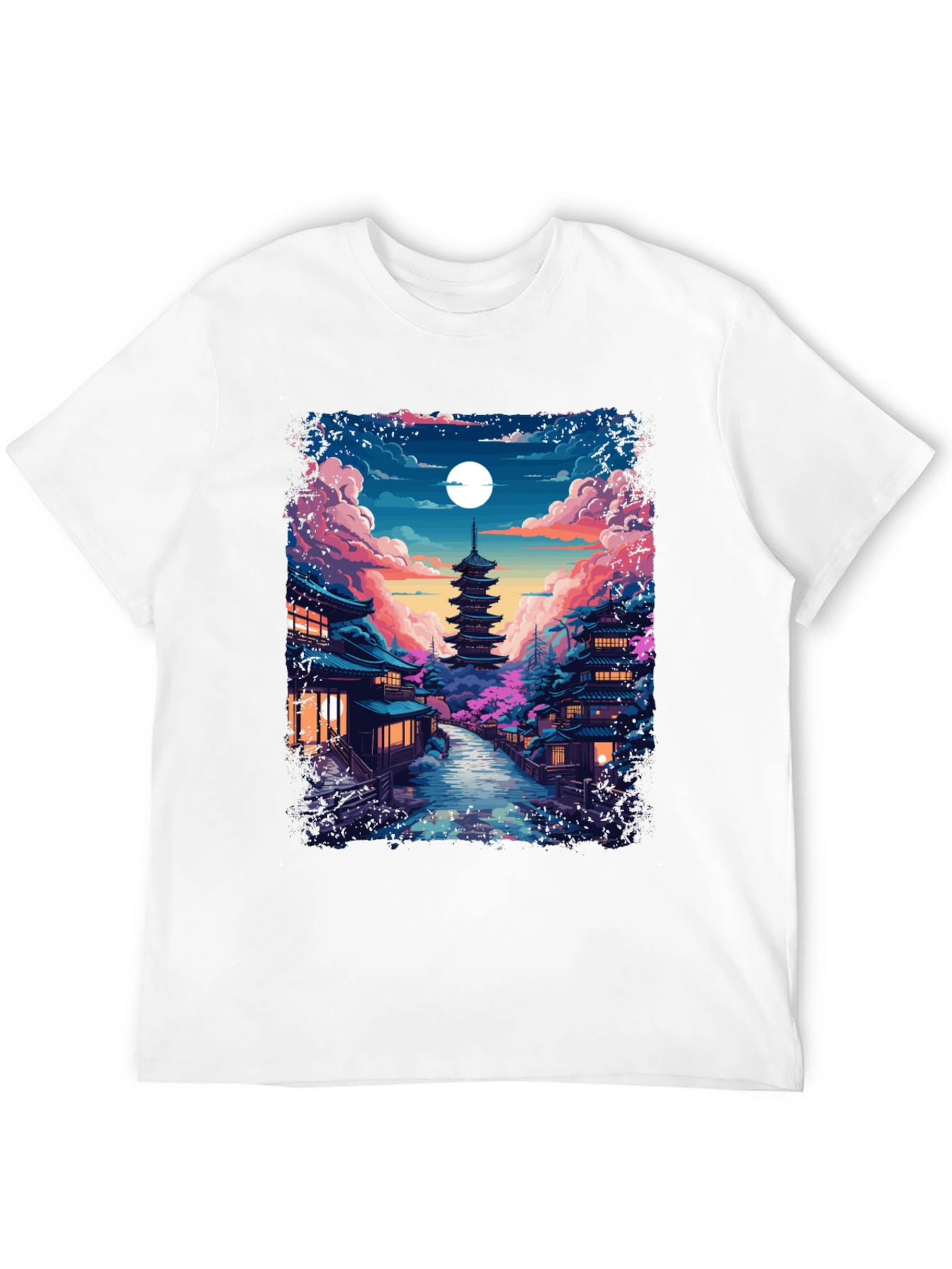 Night Sakura T-Shirt: Japanese Pagoda Moonlit Scene Tee