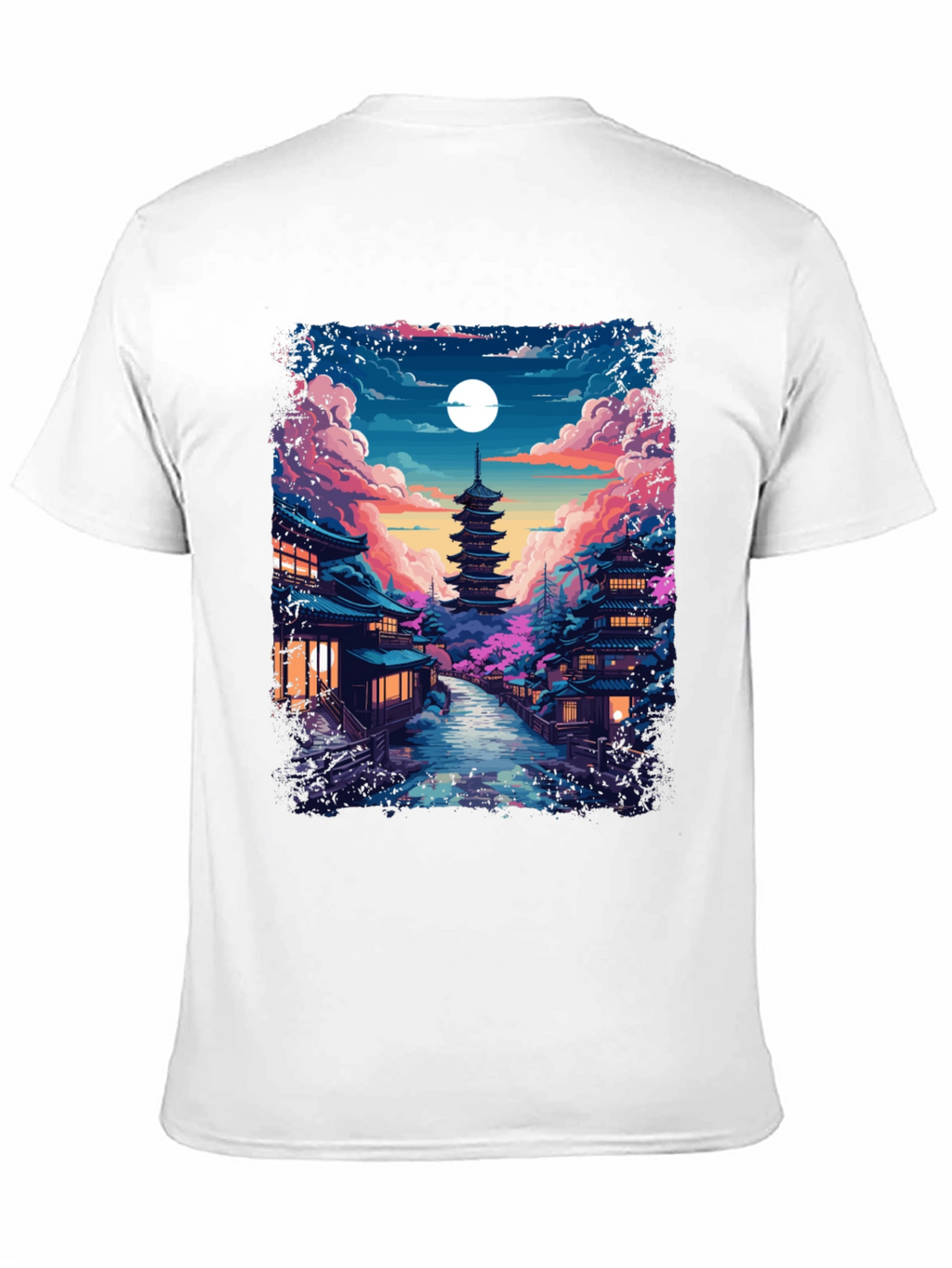 Night Sakura T-Shirt: Japanese Pagoda Moonlit Scene Tee
