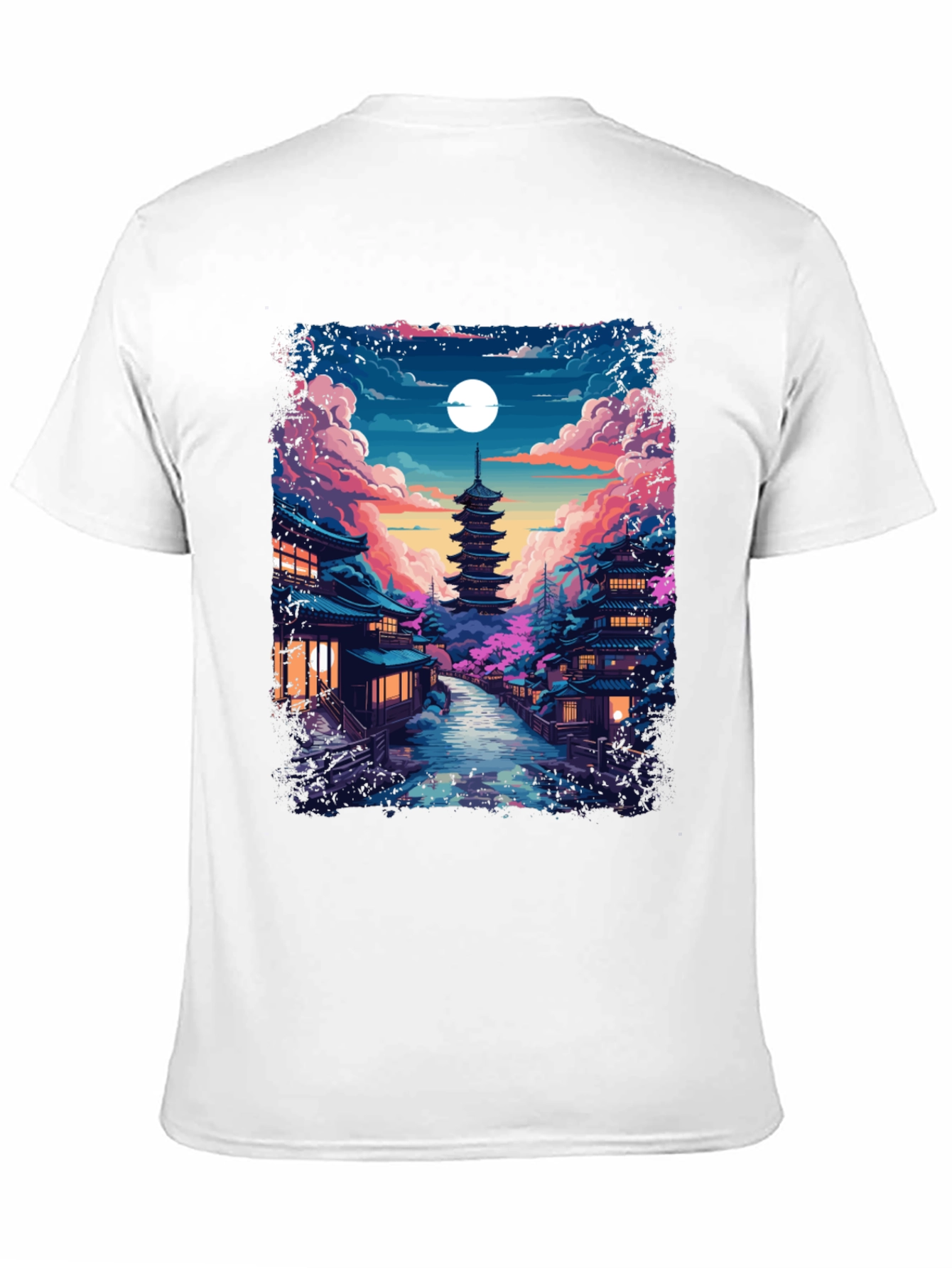 Night Sakura T-Shirt: Japanese Pagoda Moonlit Scene Tee