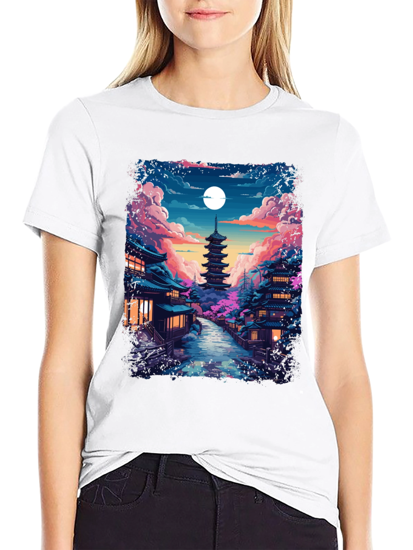 Night Sakura T-Shirt: Japanese Pagoda Moonlit Scene Tee
