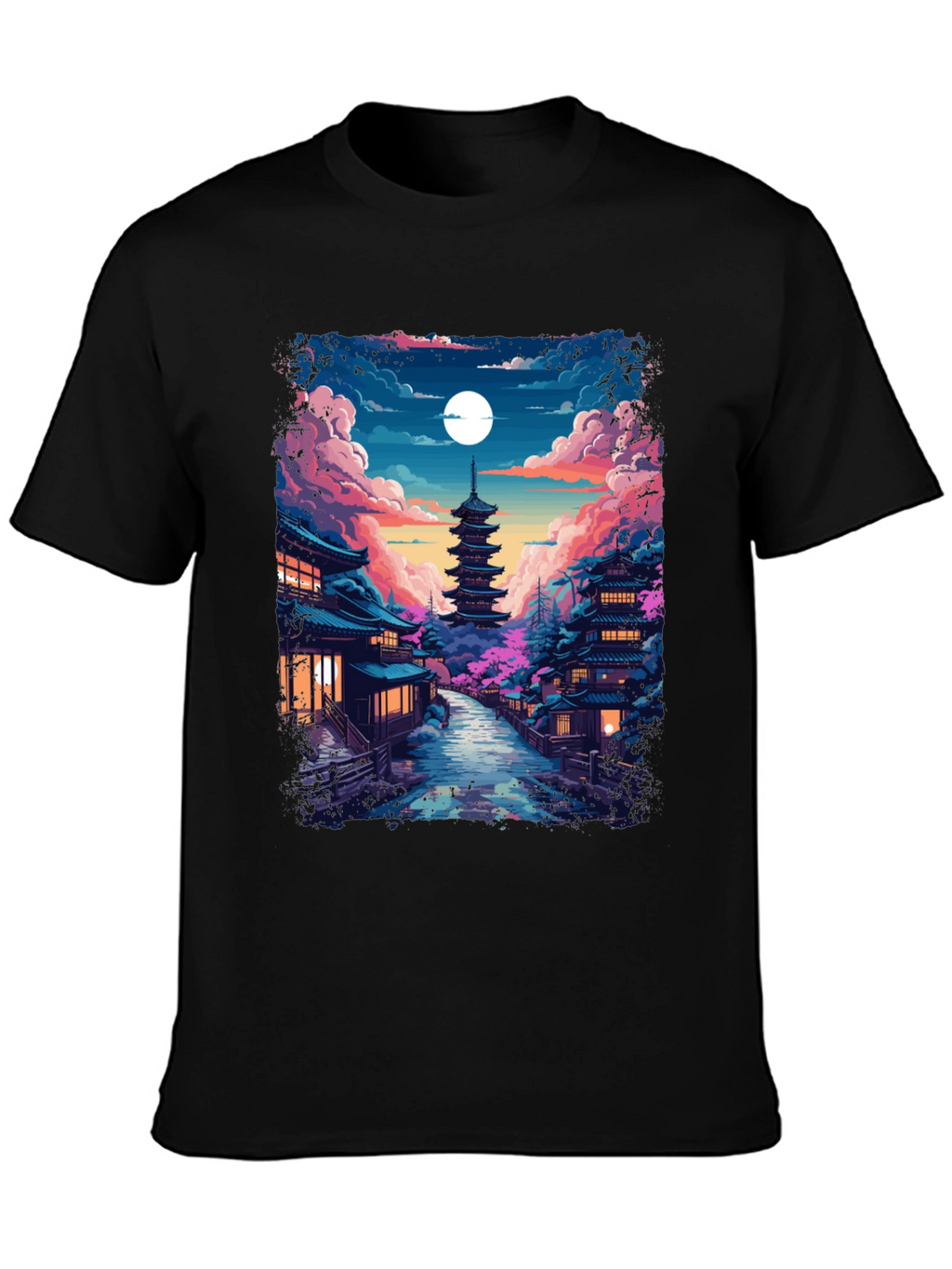 Night Sakura T-Shirt: Japanese Pagoda Moonlit Scene Tee