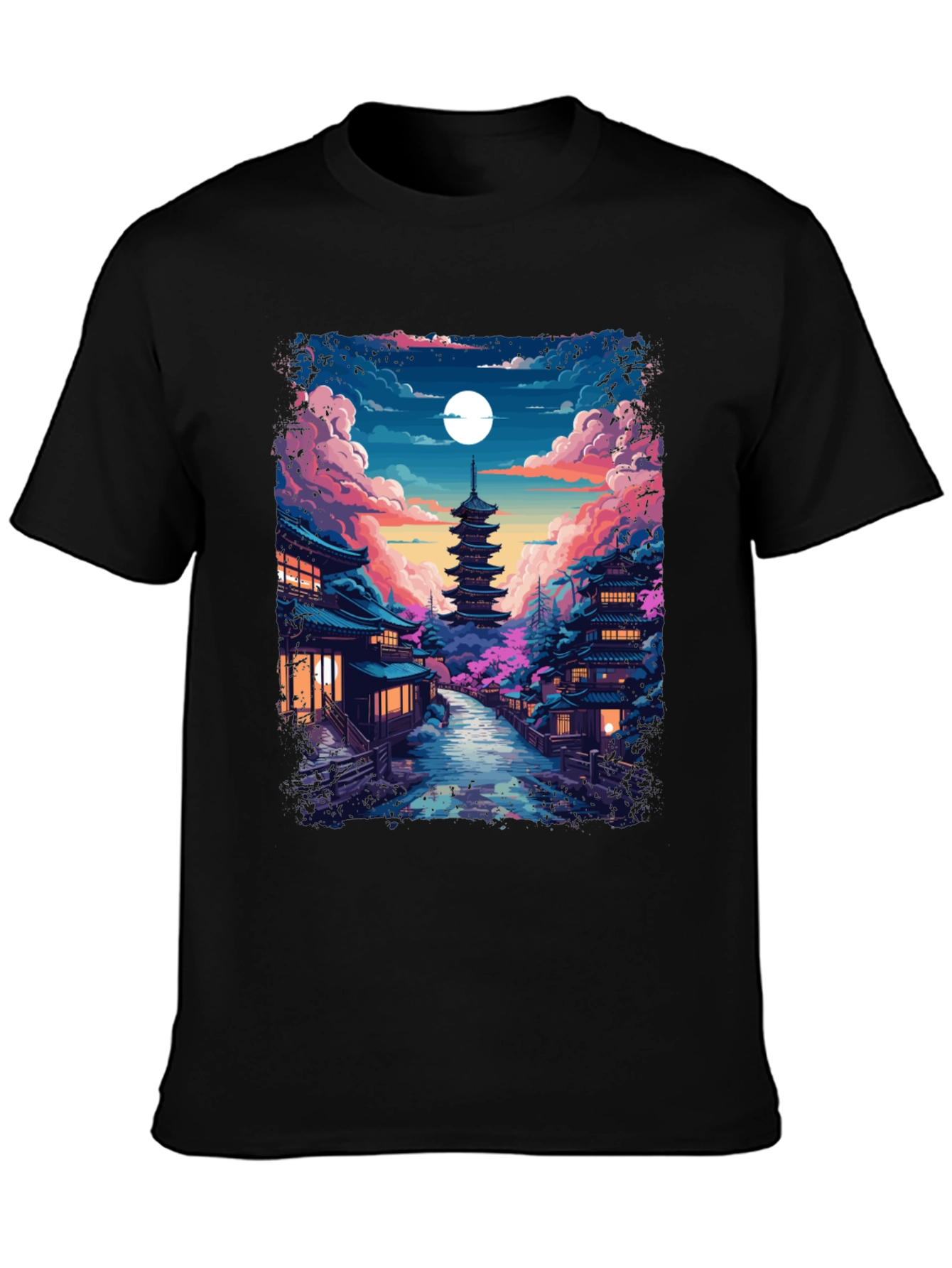 Night Sakura T-Shirt: Japanese Pagoda Moonlit Scene Tee