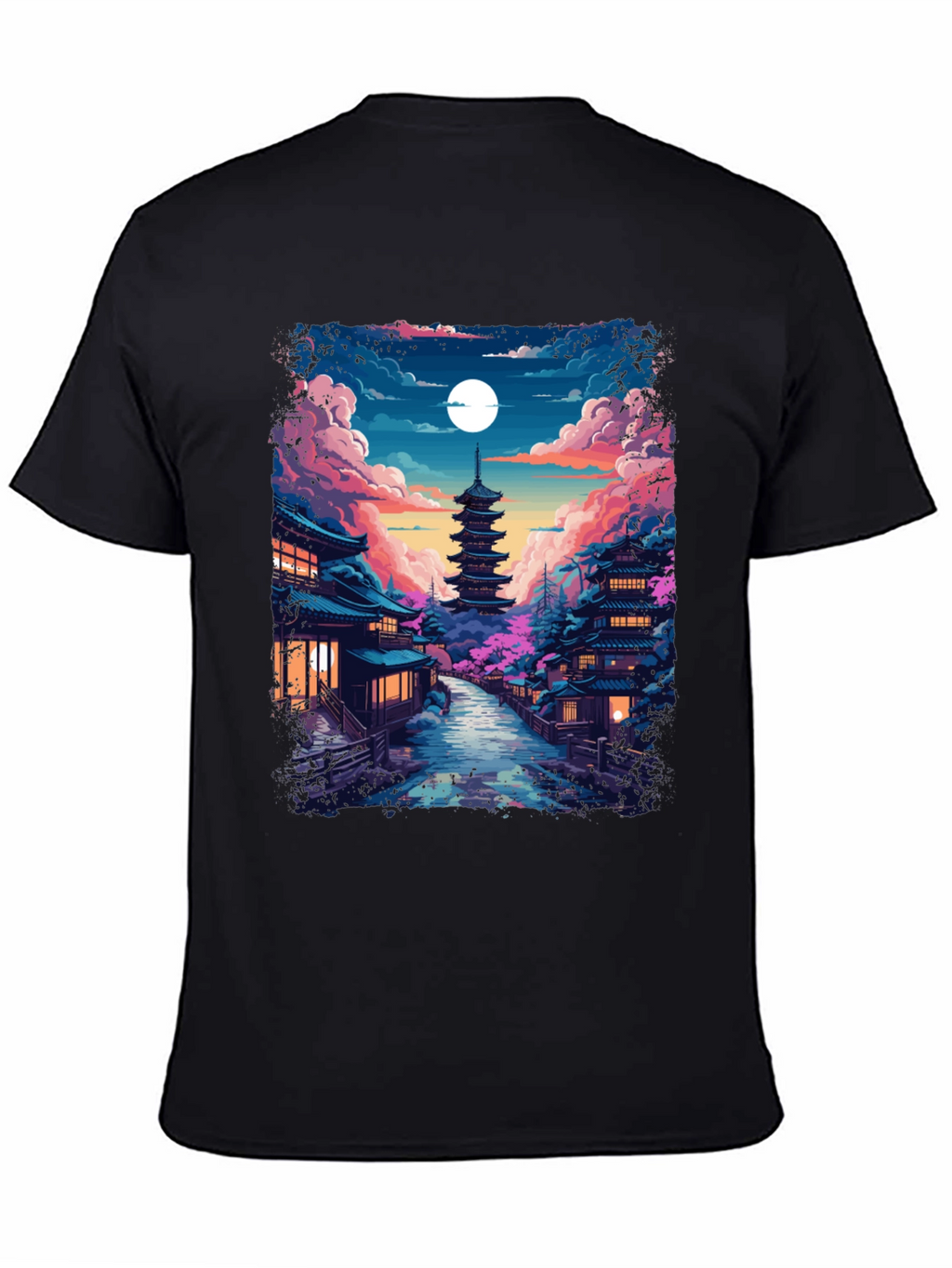Night Sakura T-Shirt: Japanese Pagoda Moonlit Scene Tee